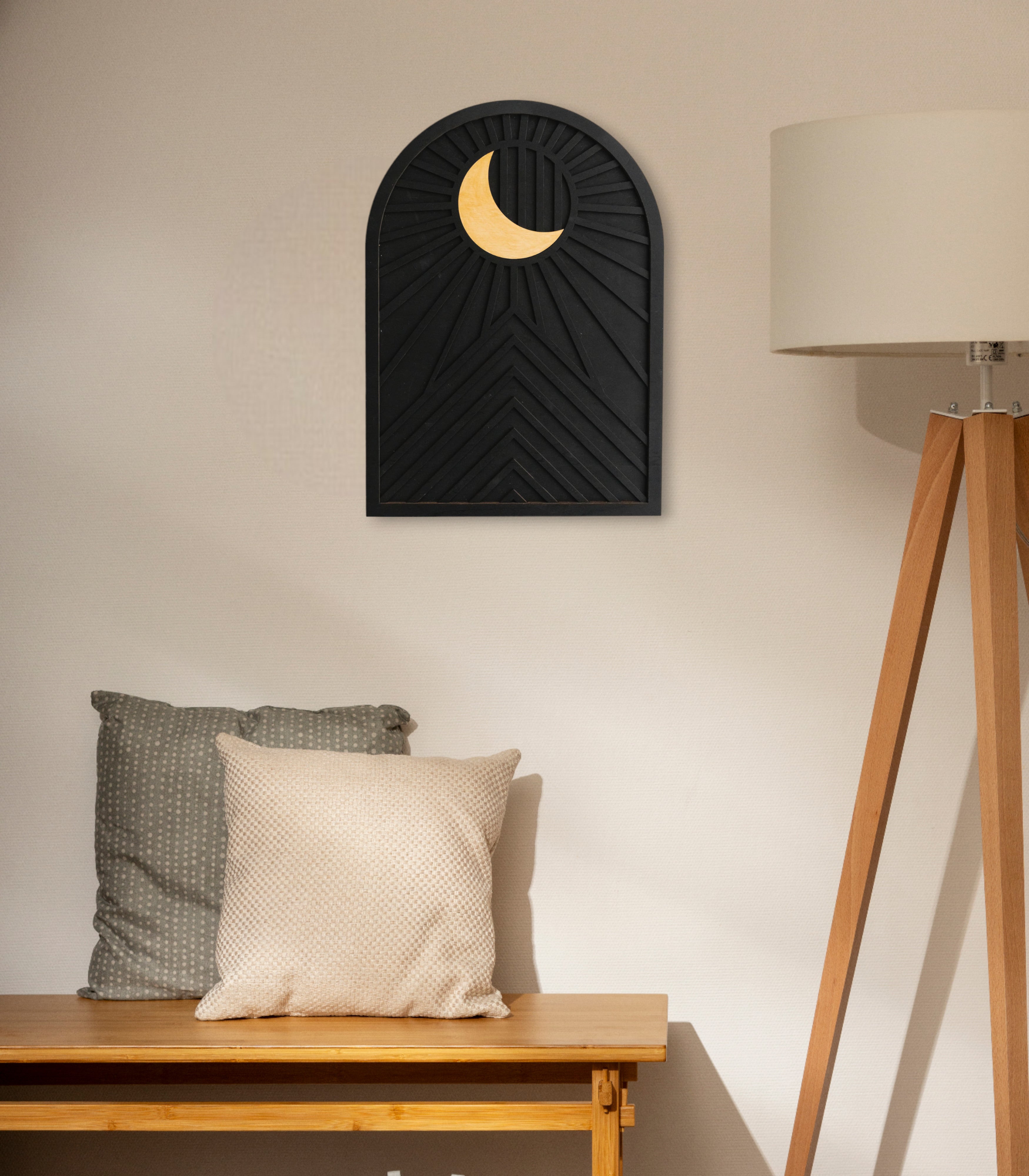 Himmlische Sonne und Mond Holzwandkunst für böhmische Wohnzimmerdekoration