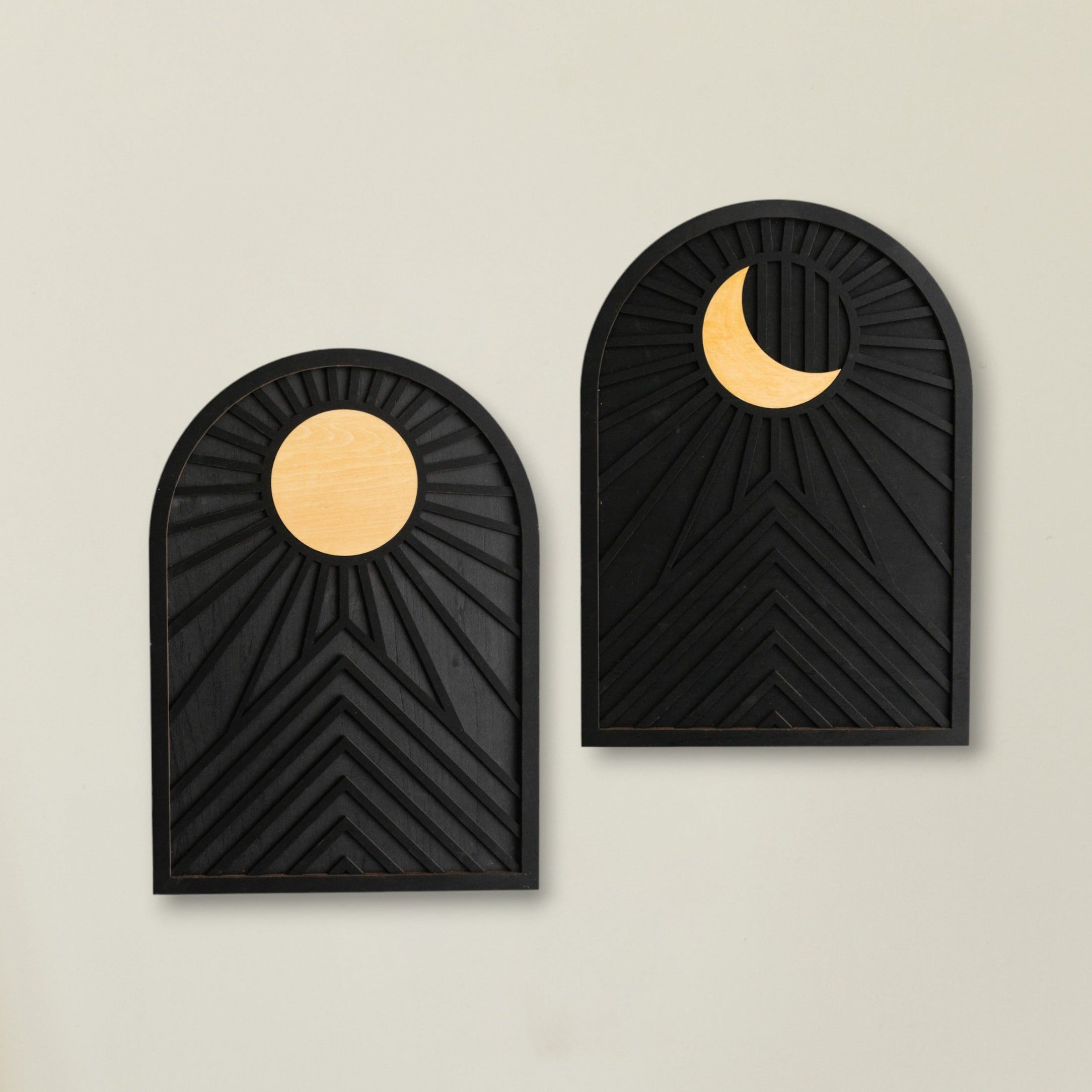 Himmlische Sonne und Mond Holzwandkunst für böhmische Wohnzimmerdekoration
