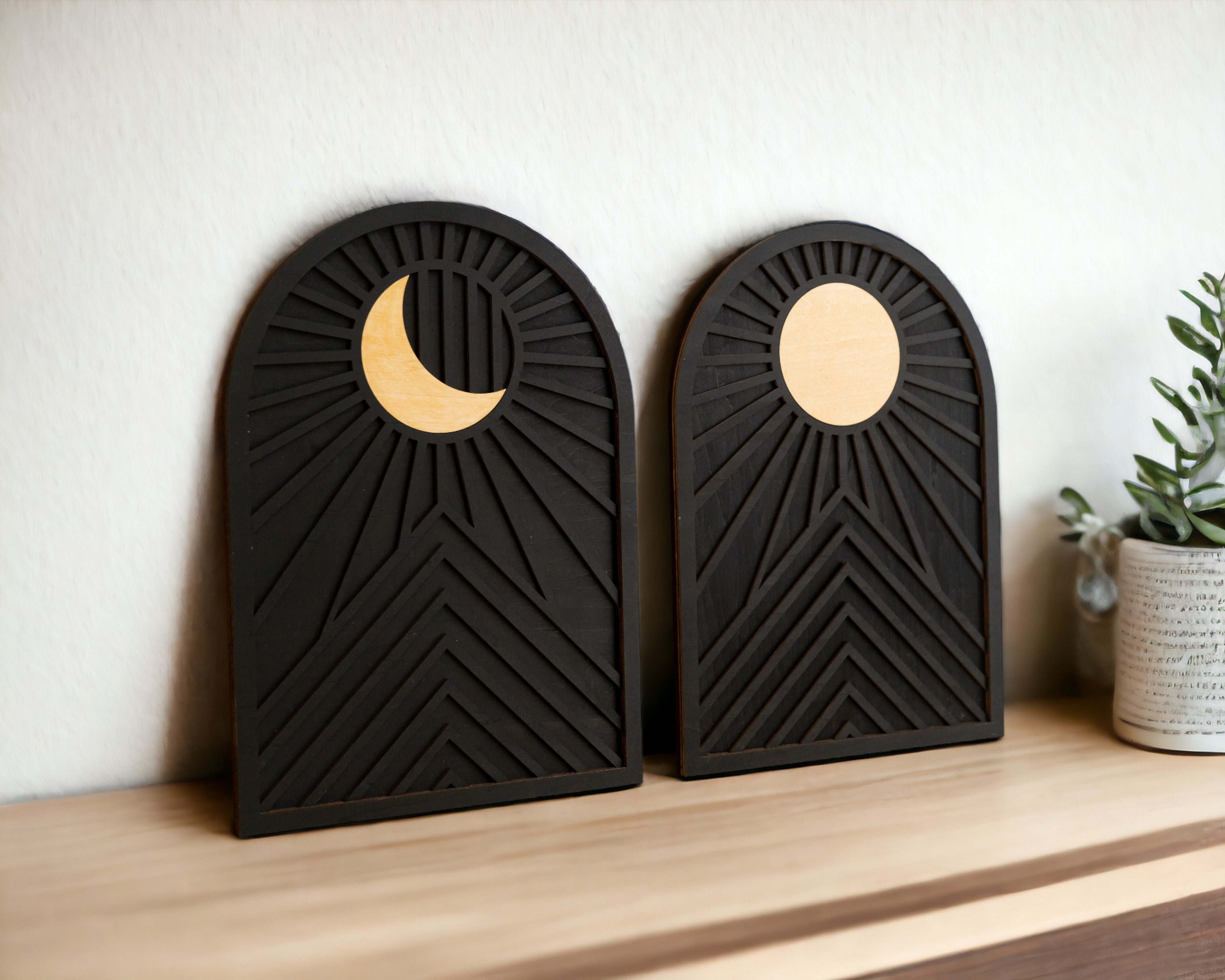 Himmlische Sonne und Mond Holzwandkunst für böhmische Wohnzimmerdekoration