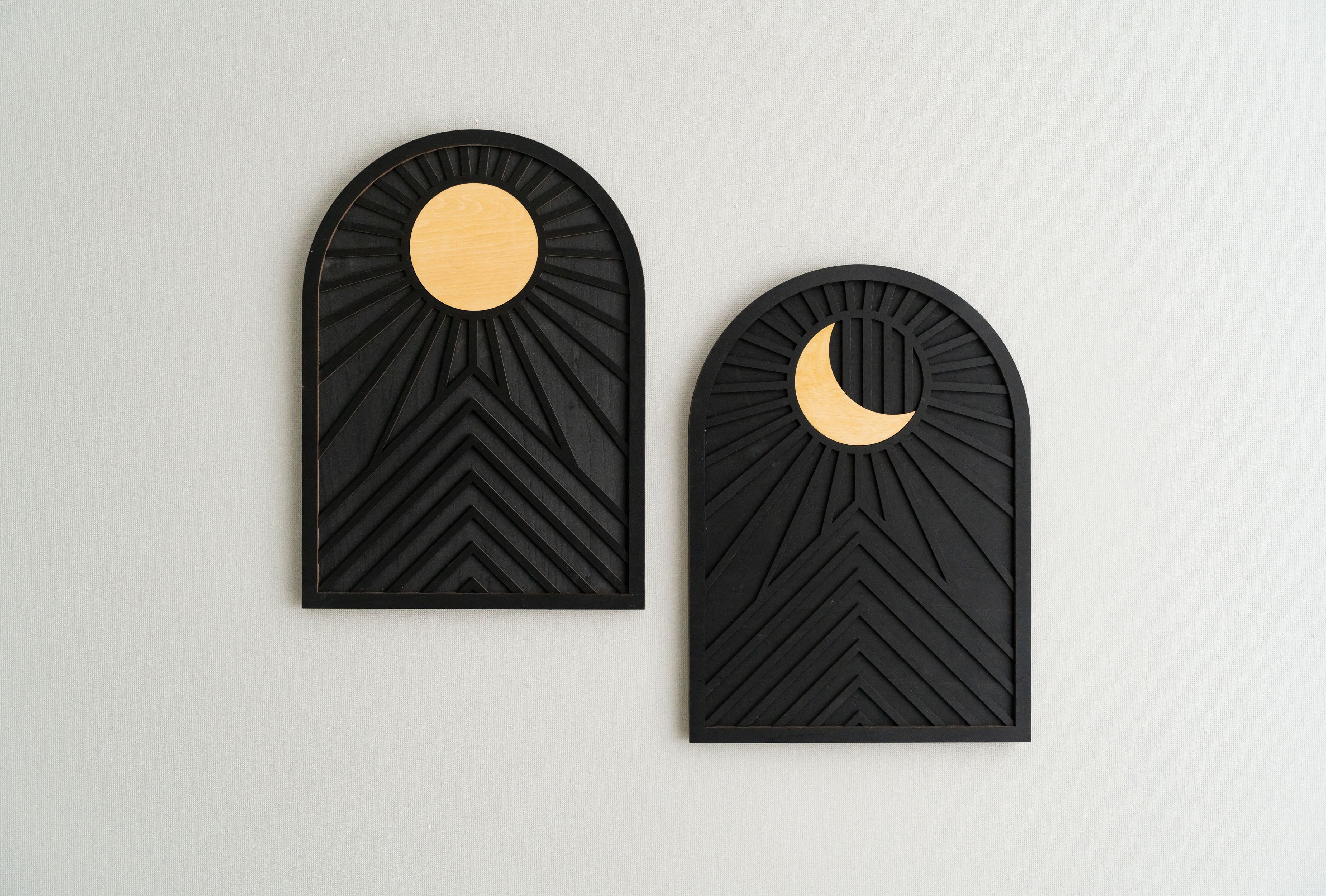 Himmlische Sonne und Mond Holzwandkunst für böhmische Wohnzimmerdekoration
