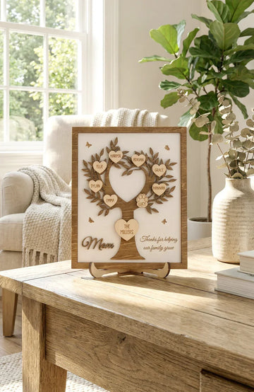 Let's handcrafted 3D family tree signs elevate modern living room decor with rustic cozy charm.