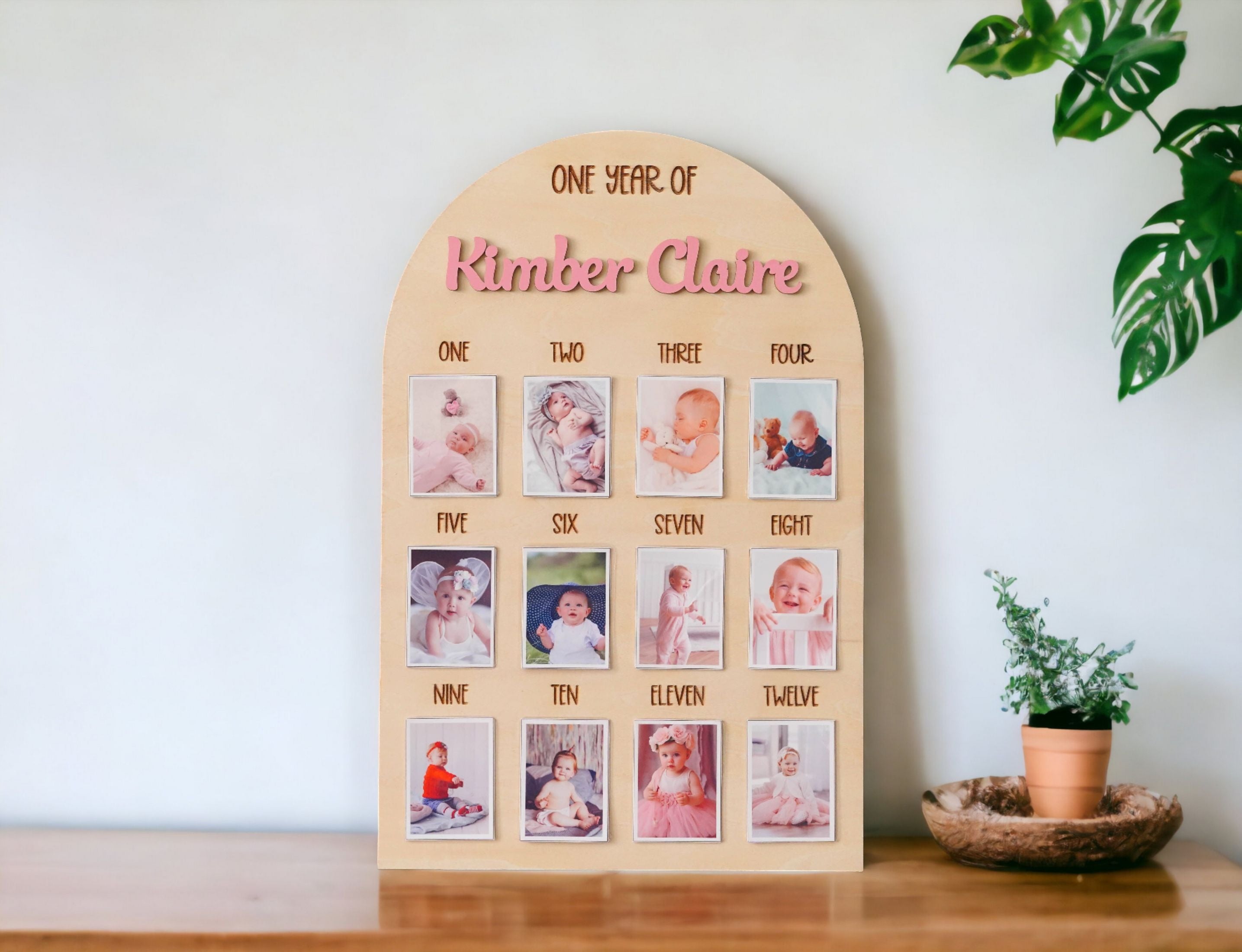 Personalized First Year Photo Board Natural Wood for Baby Milestone Photo Board and Nursery Wall Photo Display Round G23