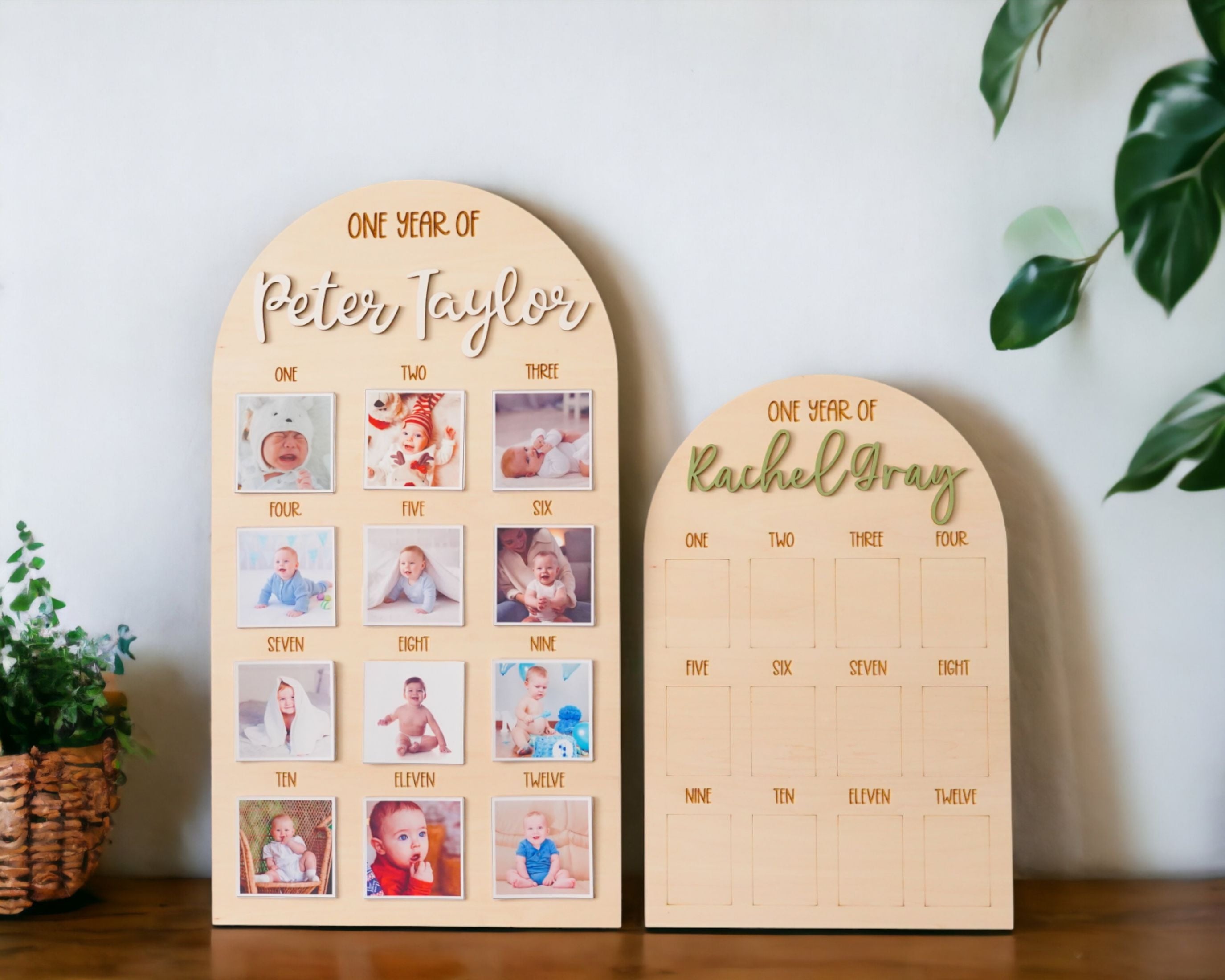 Personalized First Year Photo Board Natural Wood for Baby Milestone Photo Board and Nursery Wall Photo Display Round G23