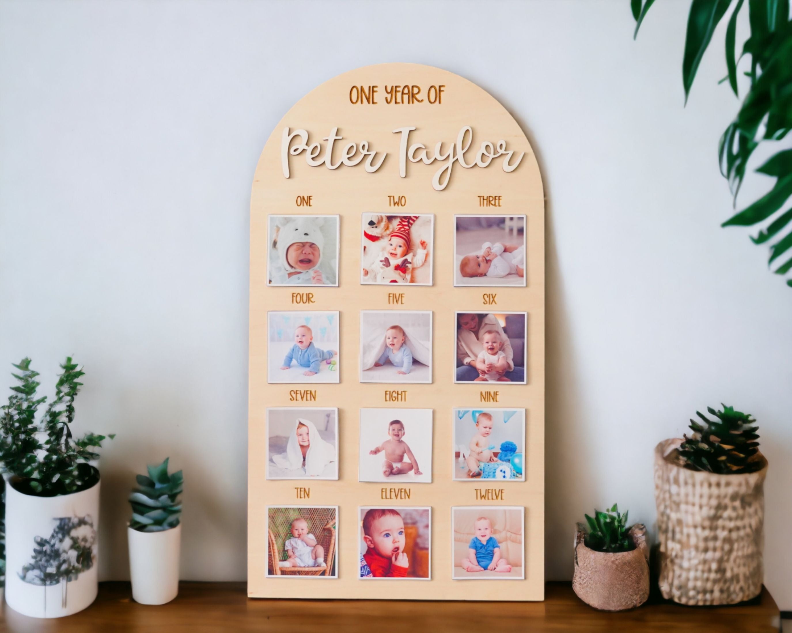 Personalized First Year Photo Board Natural Wood for Baby Milestone Photo Board and Nursery Wall Photo Display Round G23