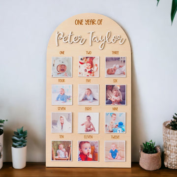 Personalized First Year Photo Board Wooden Display for First Year Photo Board and Baby Milestone Picture Frame Round G23