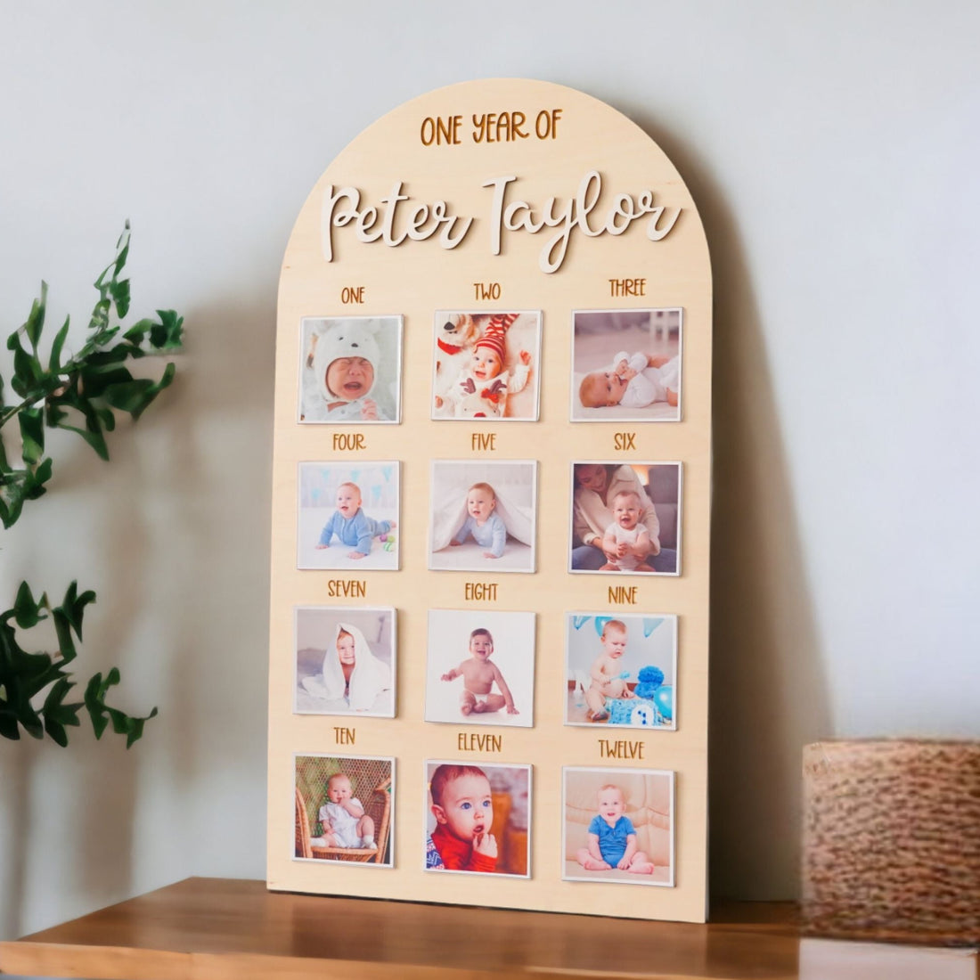 Personalized First Year Photo Board Wooden Display for First Year Photo Board and Baby Milestone Picture Frame Round G23