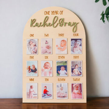 Personalized First Year Photo Board Natural Wood for Baby First Birthday Decoration and Wooden Baby Photo Board Round G23