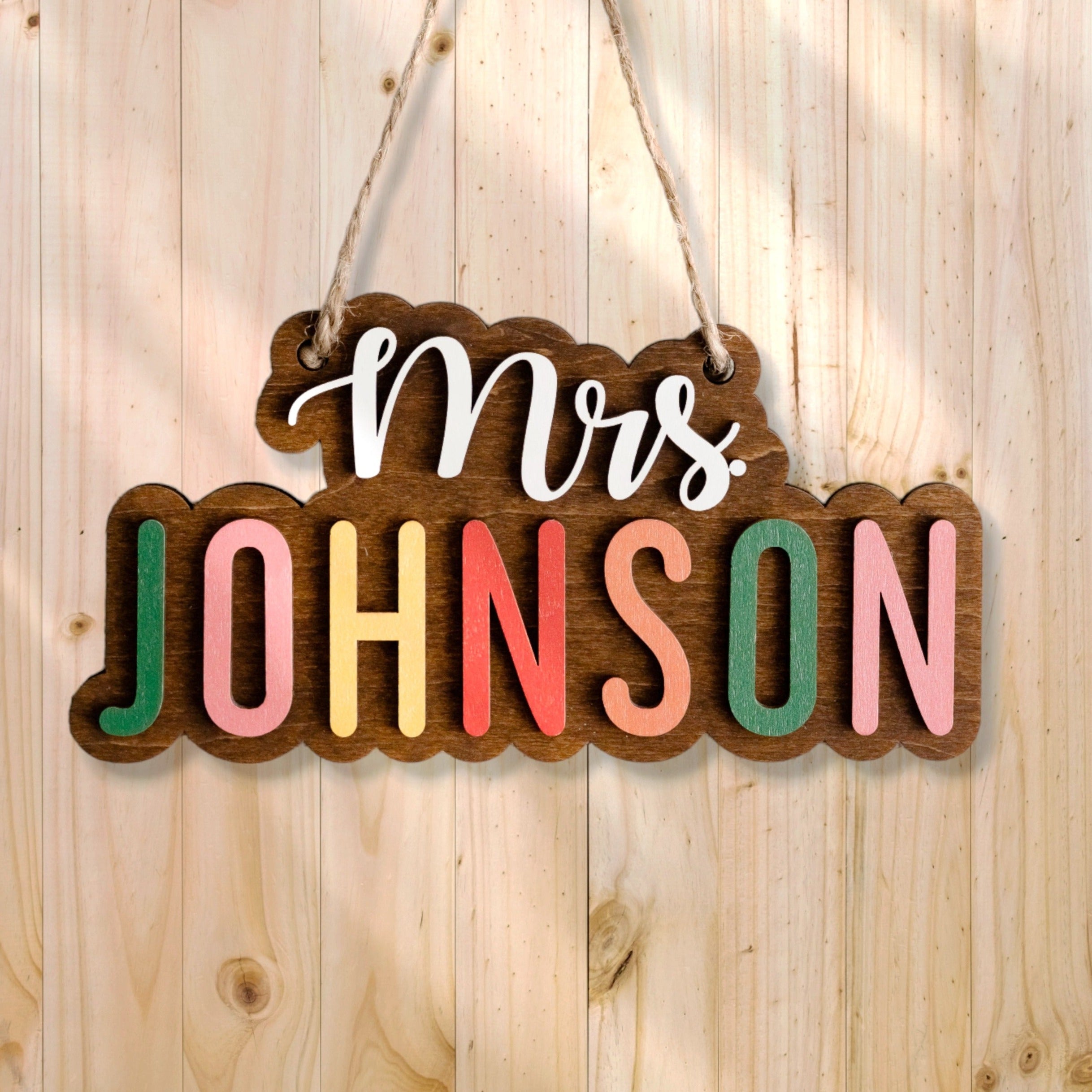 Personalized Wooden Teacher's Name Hanging Sign For Boho Rustic Wall Decor