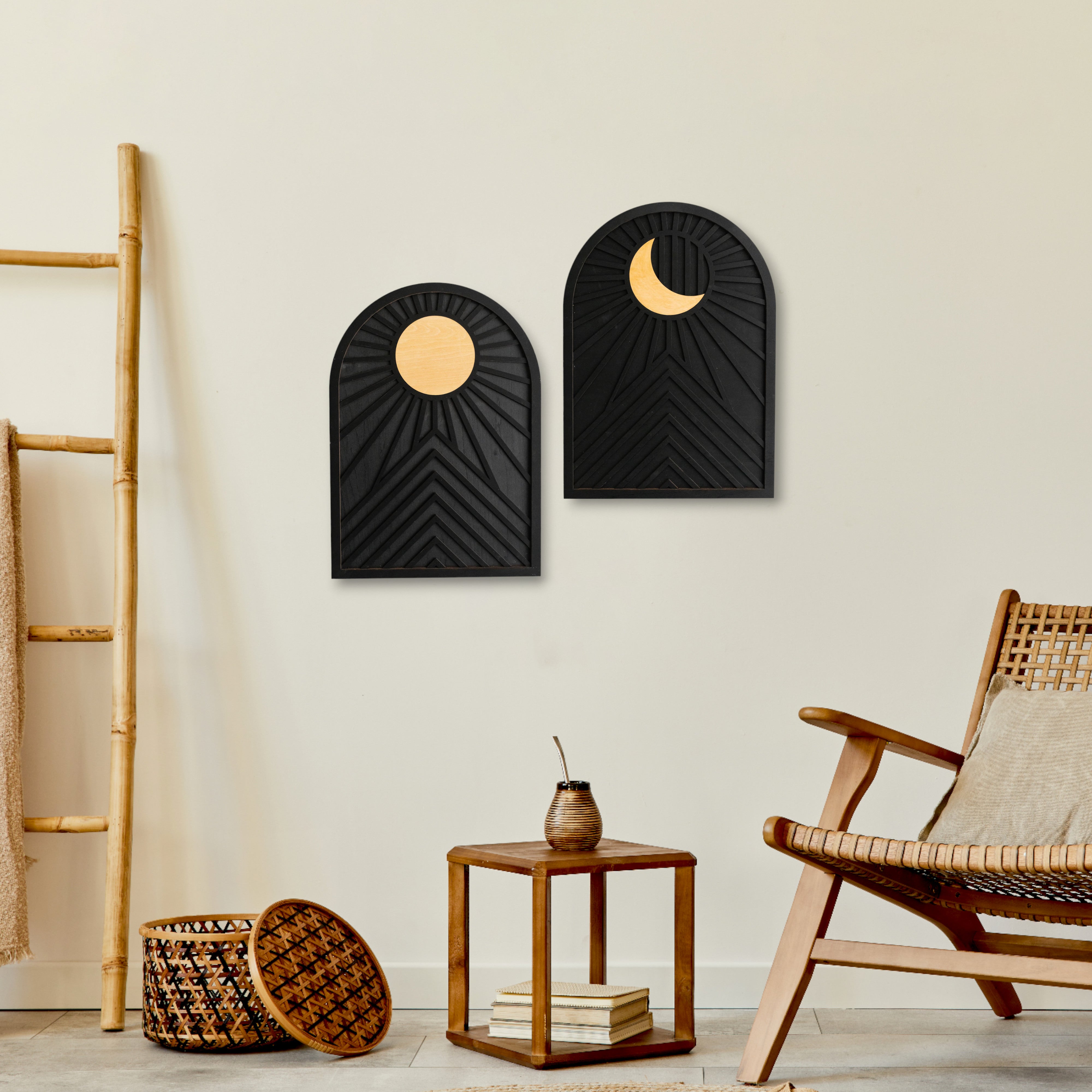 Celestial Sun and Moon Wooden Wall Art for Bohemian Living Room Decor E87