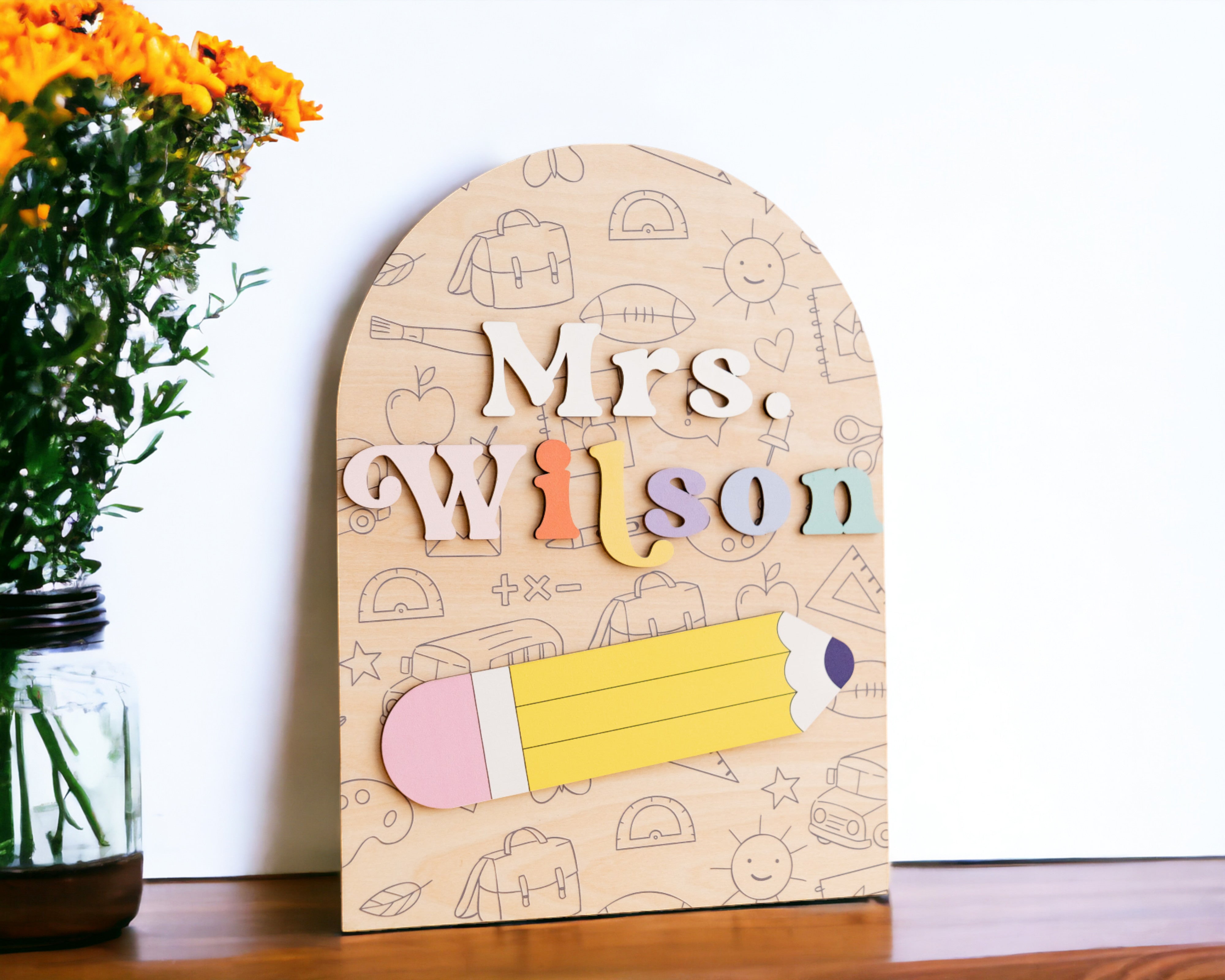 Customized Wooden Teacher's Desk Nameplate For Boho Rustic Decor