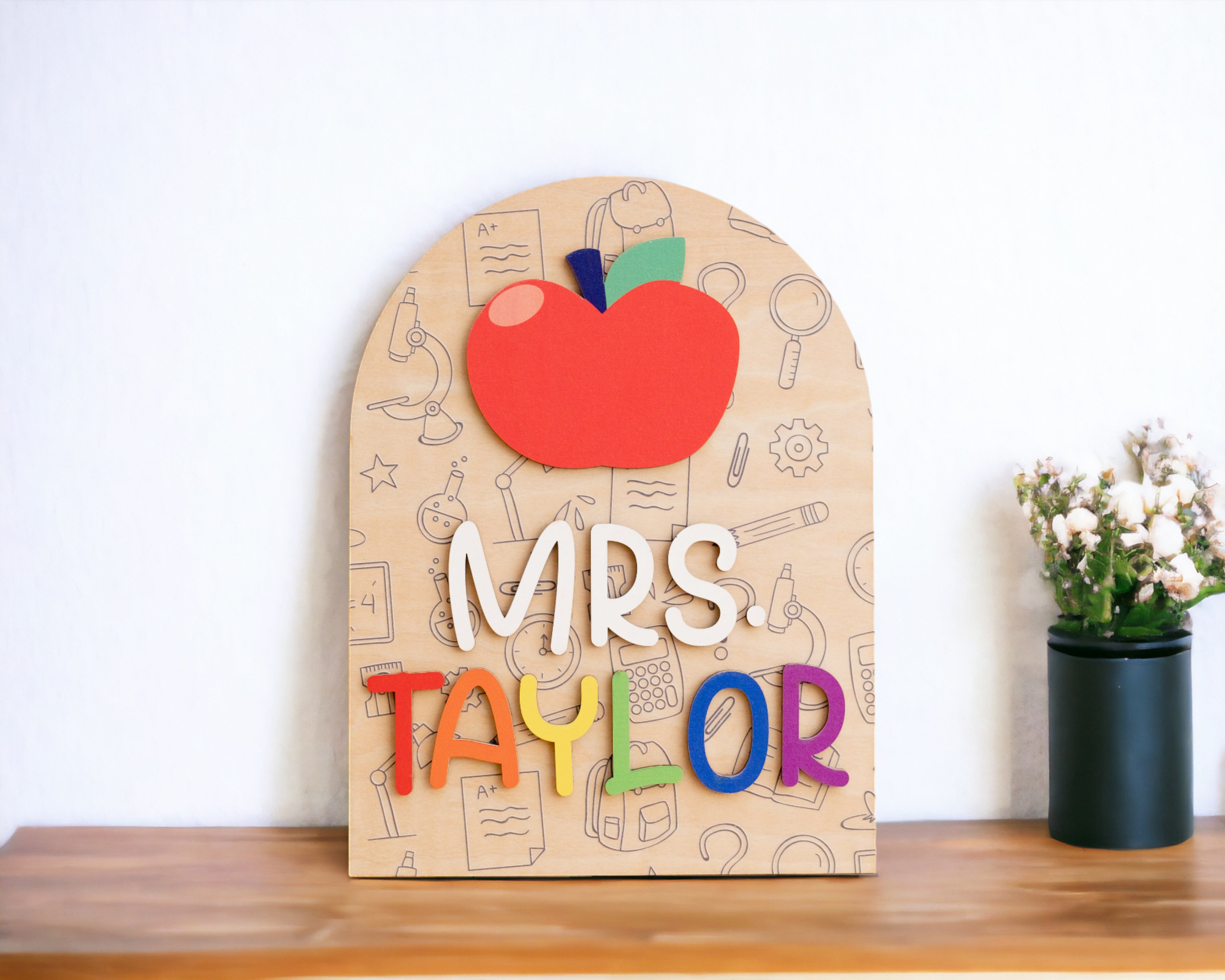 Personalized Wooden Teacher's Name Sign Desk Ornament Boho Rustic Gift