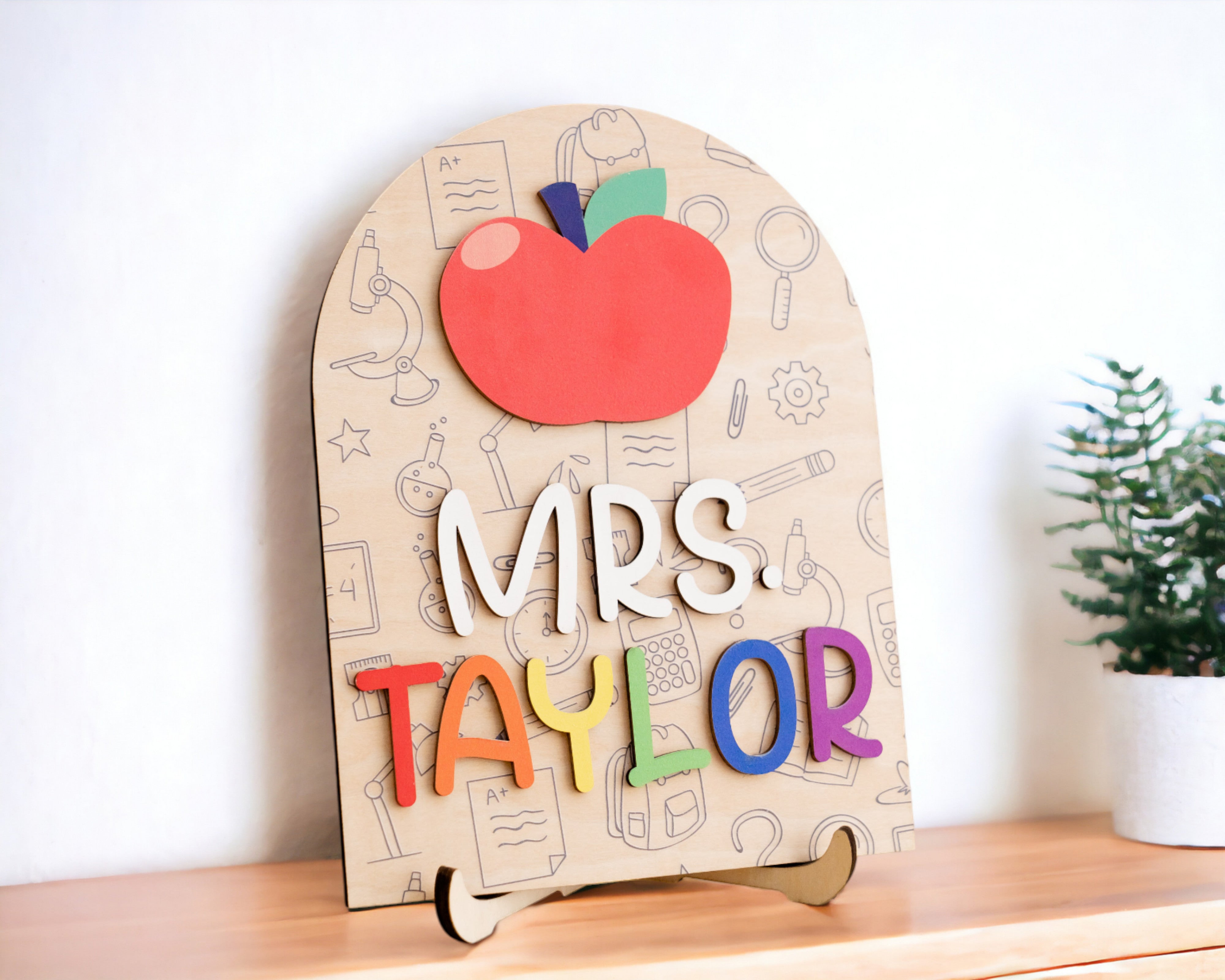 Personalized Wooden Teacher's Name Sign Desk Ornament Boho Rustic Gift