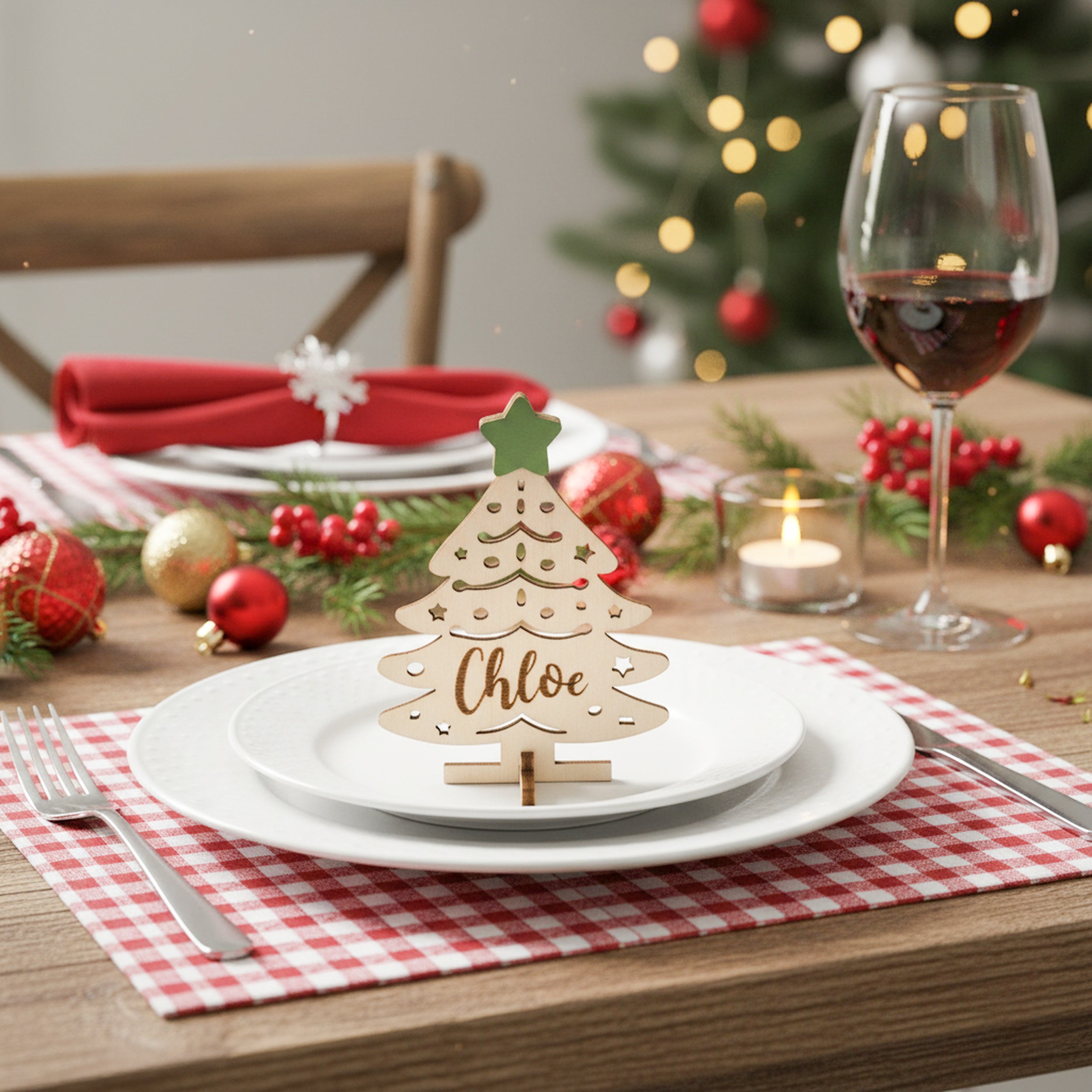 Personalized Wooden Christmas Tree Name Place Wood for Christmas Place Cards D17
