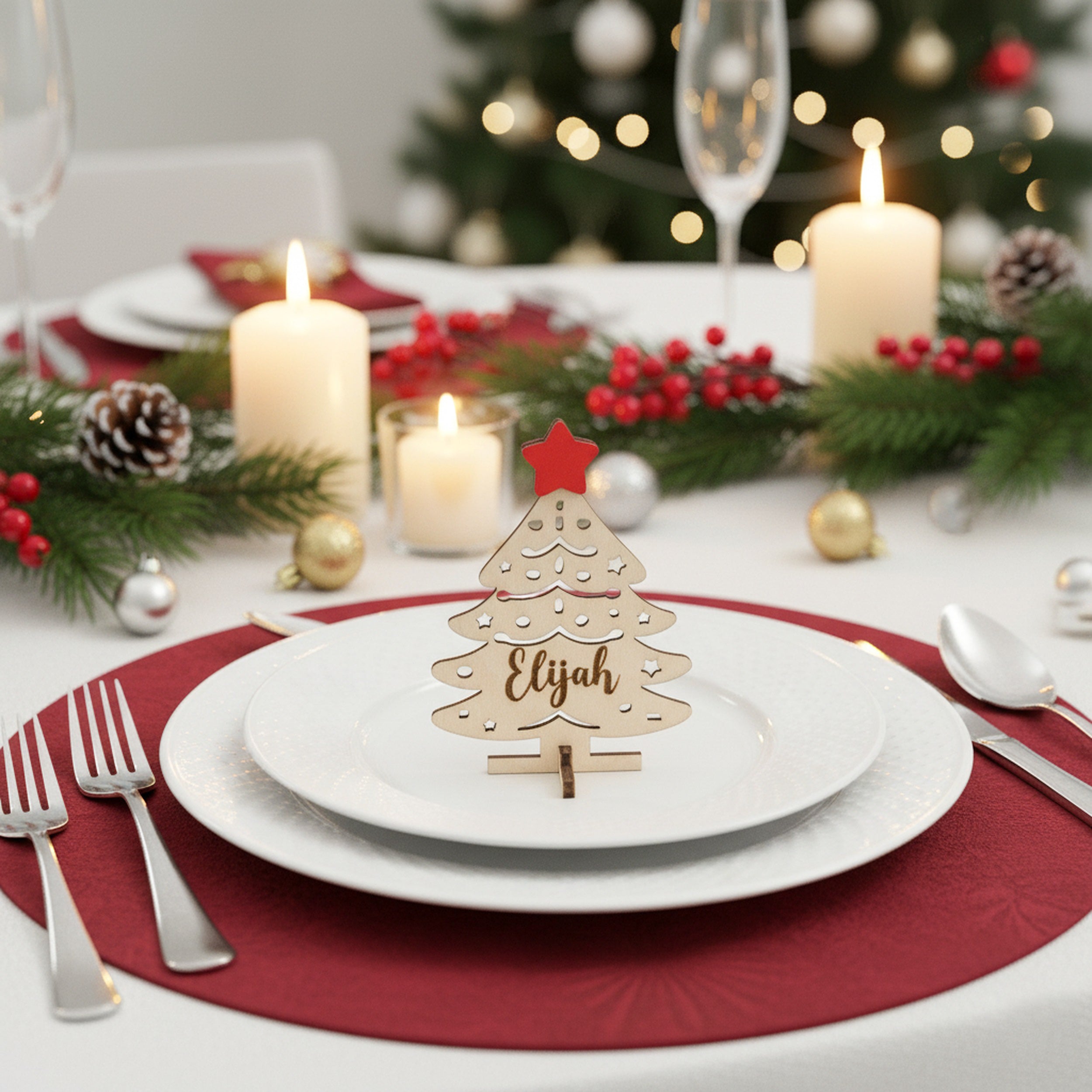 Personalized Wooden Christmas Tree Name Place Wood for Christmas Table Place Cards D17