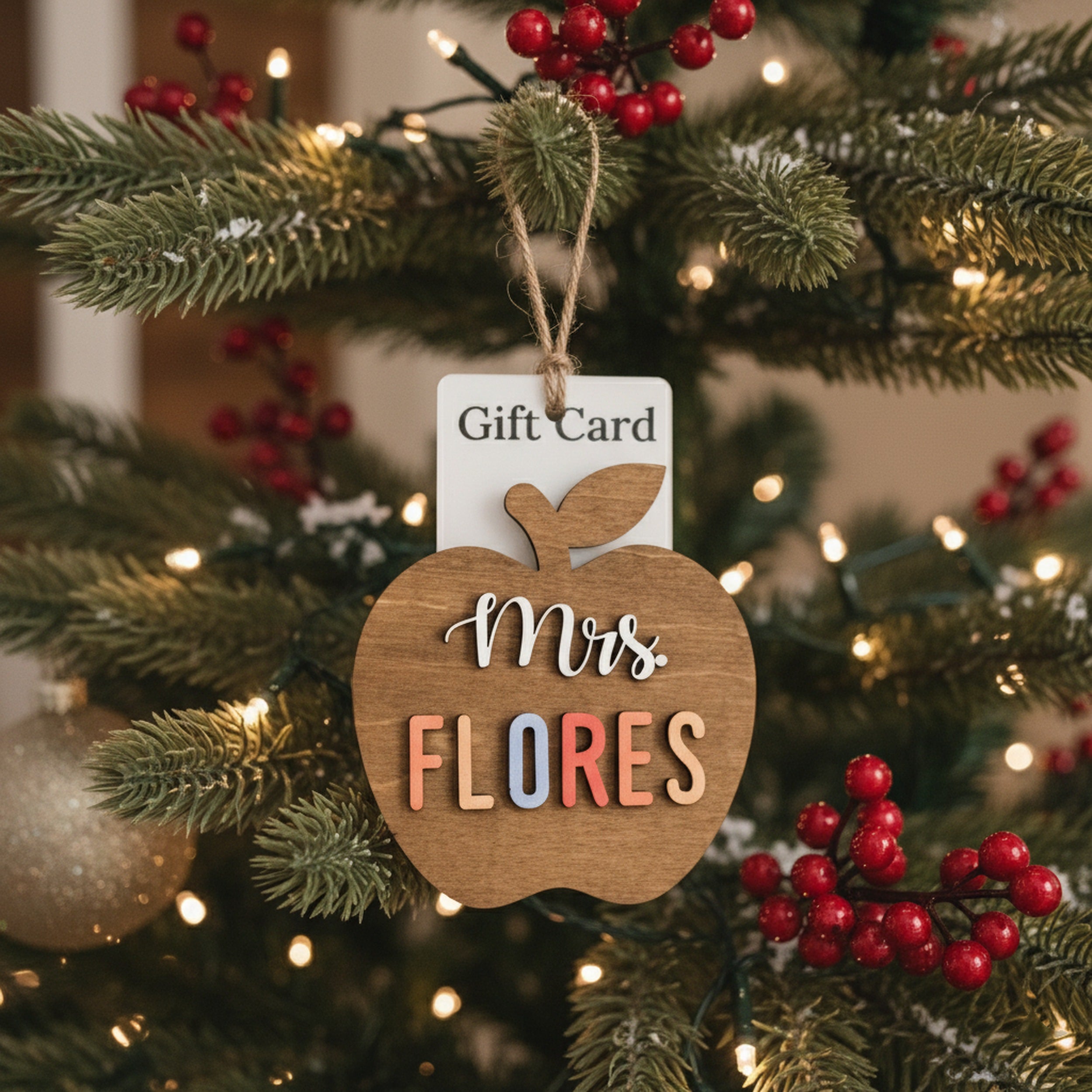 Teacher Gift Card Holder Wood for Teacher Gift and Apple Ornament R78