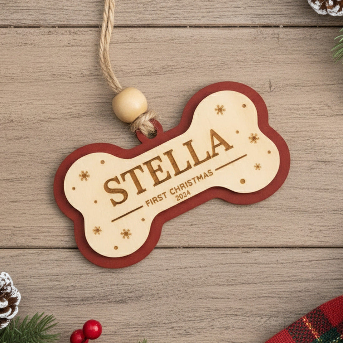 Personalized Wooden Dog Bone Christmas Ornament for Dog Ornaments M49