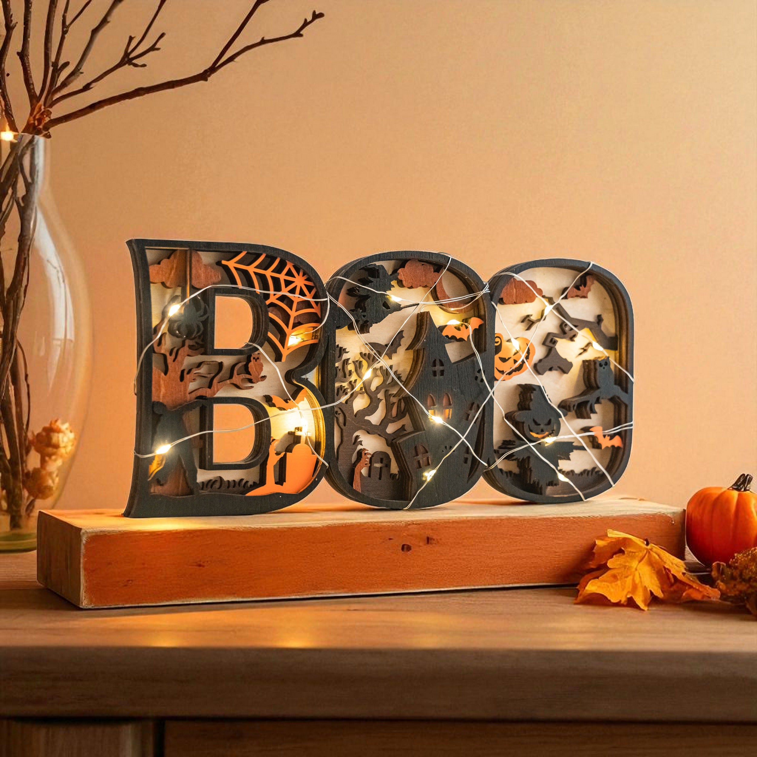 Wooden Halloween BOO Sign Wood Halloween Mantel Decor D11