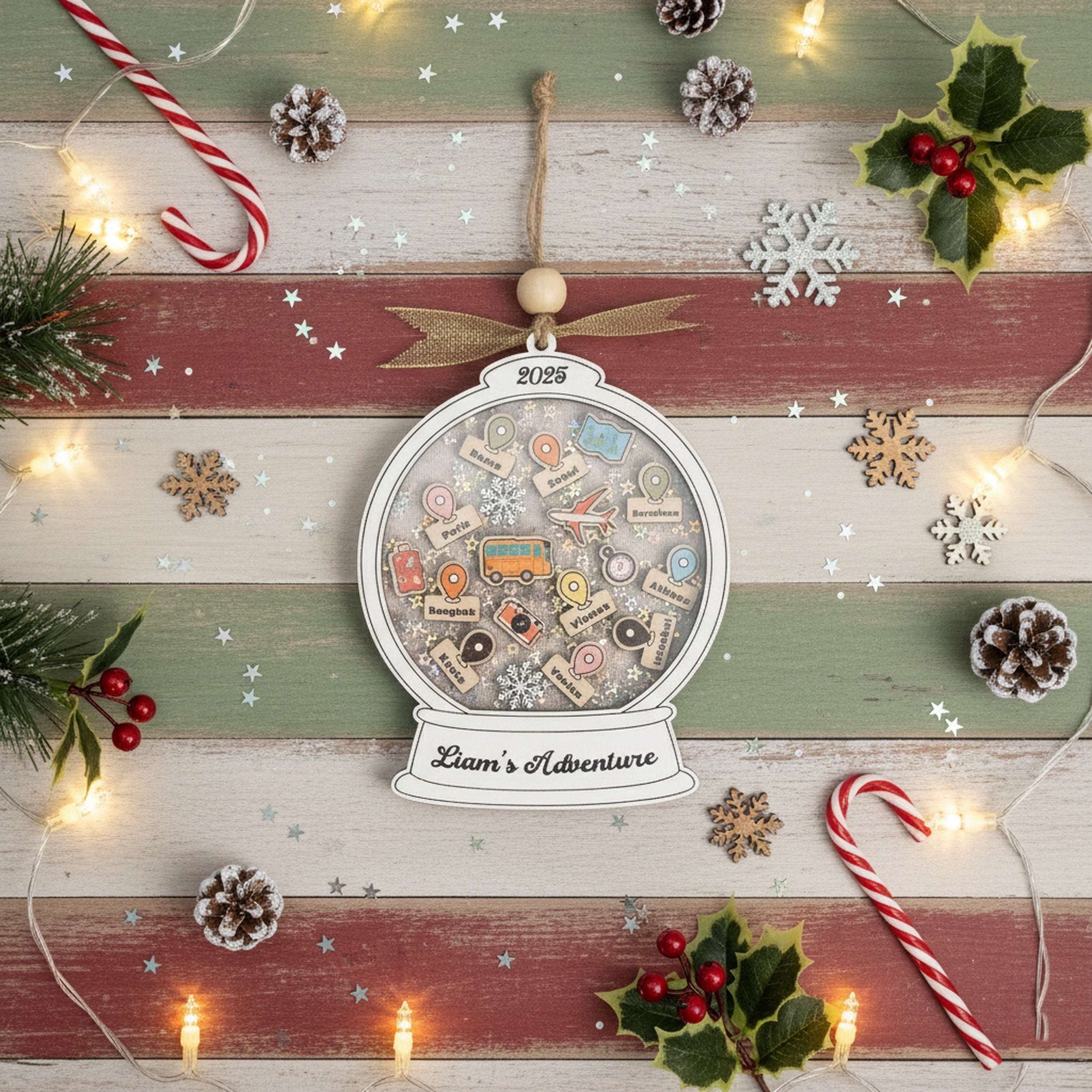 Personalized Travel Ornament Wood for Travel Keepsake and Decor D22