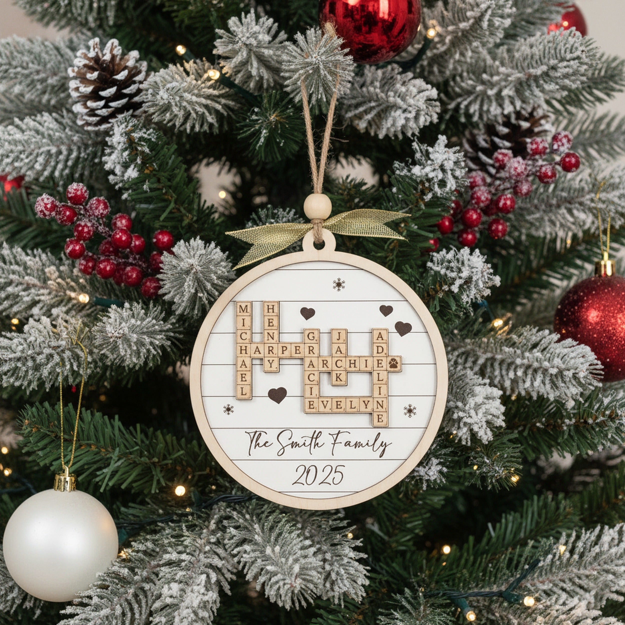 Family Crossword Wooden Ornament Personalized Family Christmas Decor D35