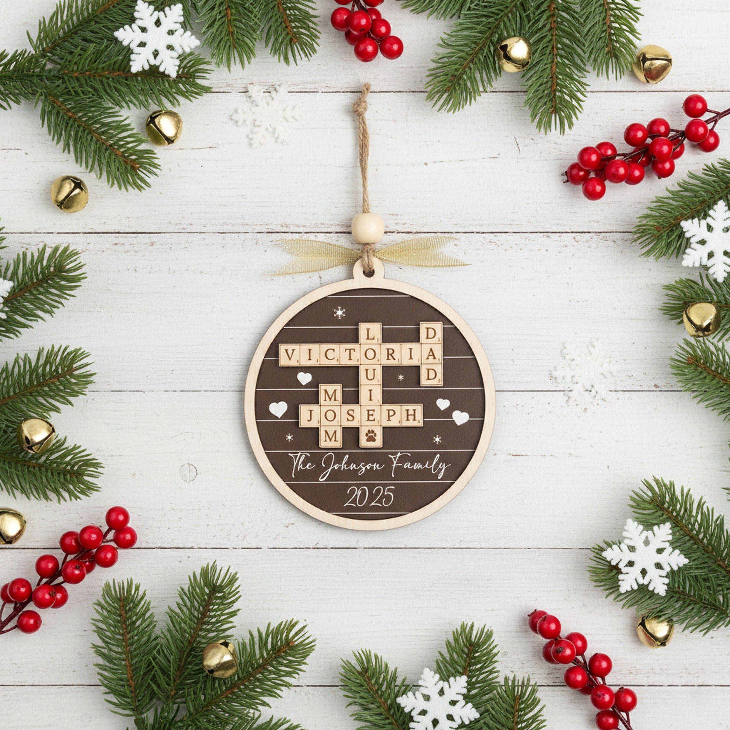Family Crossword Wooden Ornament Personalized Family Christmas Decor D35