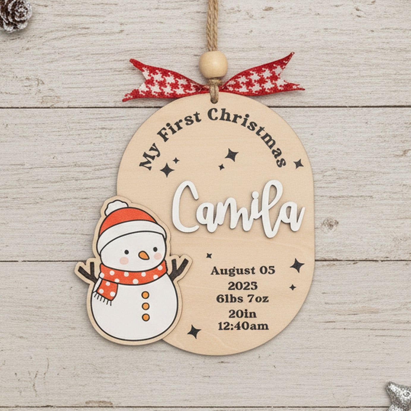 Baby First Christmas Ornament Wood Engraved Baby First Christmas Ornament for Newborn and Custom Baby Birth Ornament D39