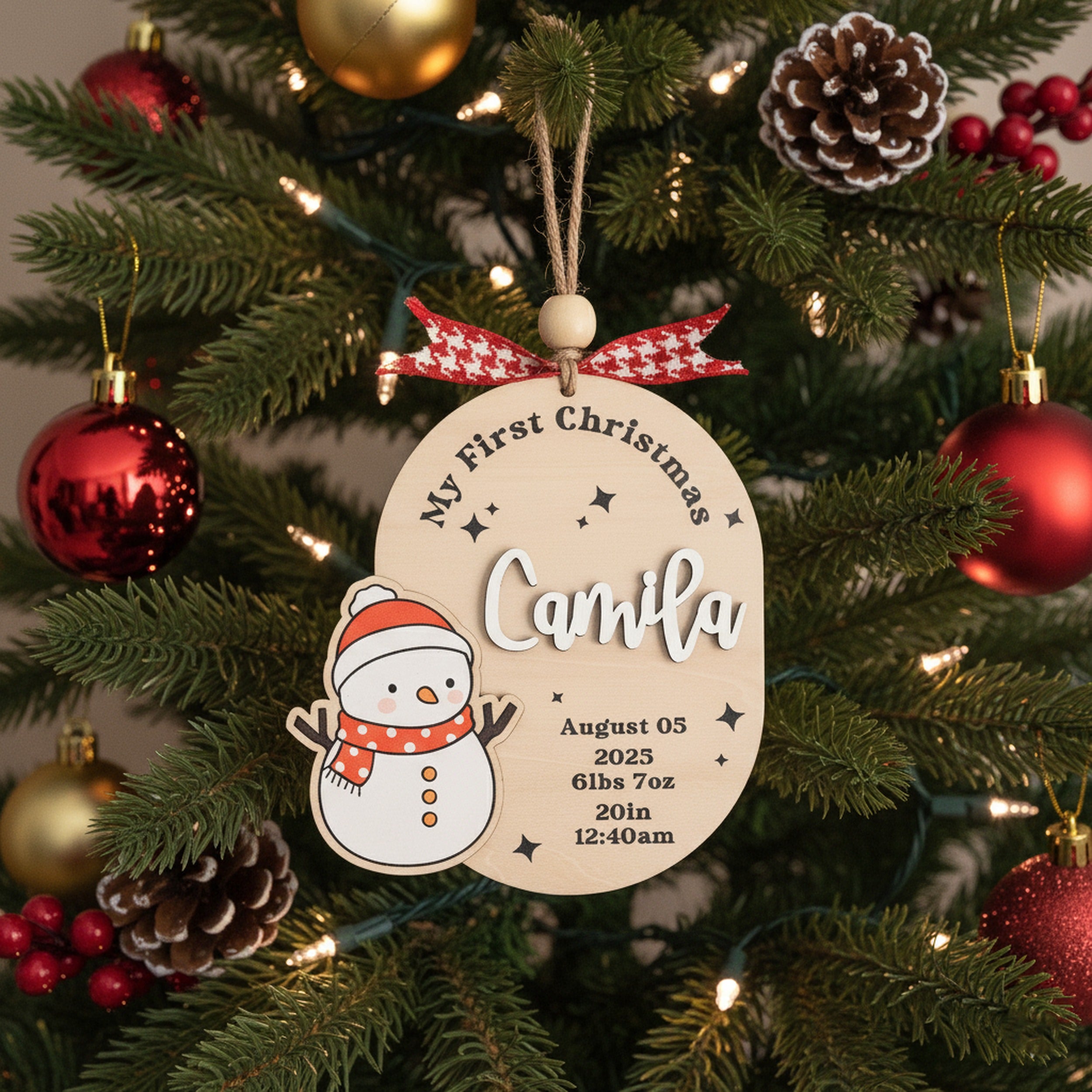 Baby First Christmas Ornament Wood Engraved Baby First Christmas Ornament for Newborn and Custom Baby Birth Ornament D39
