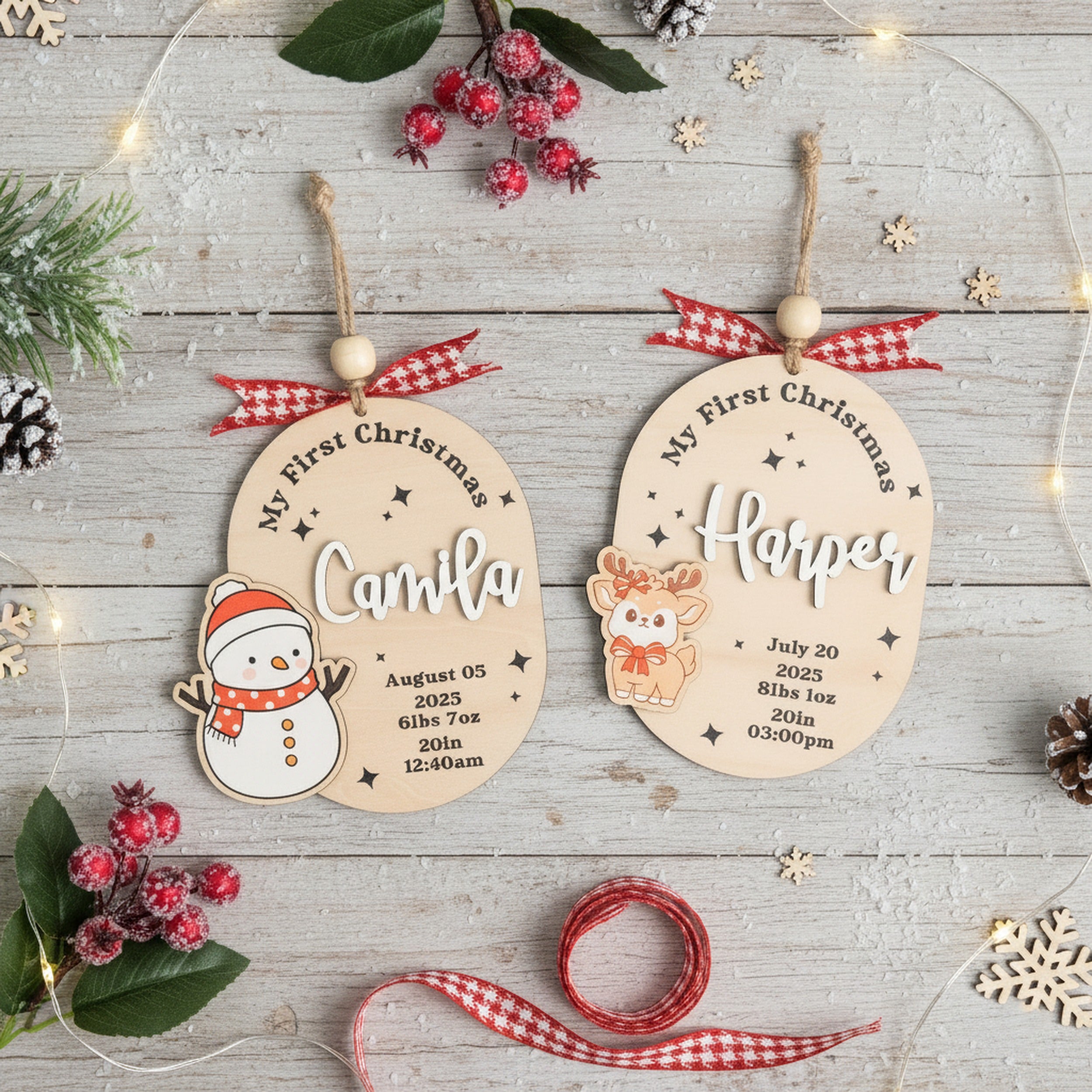Baby First Christmas Ornament Wood Engraved Baby First Christmas Ornament for Newborn and Custom Baby Birth Ornament D39