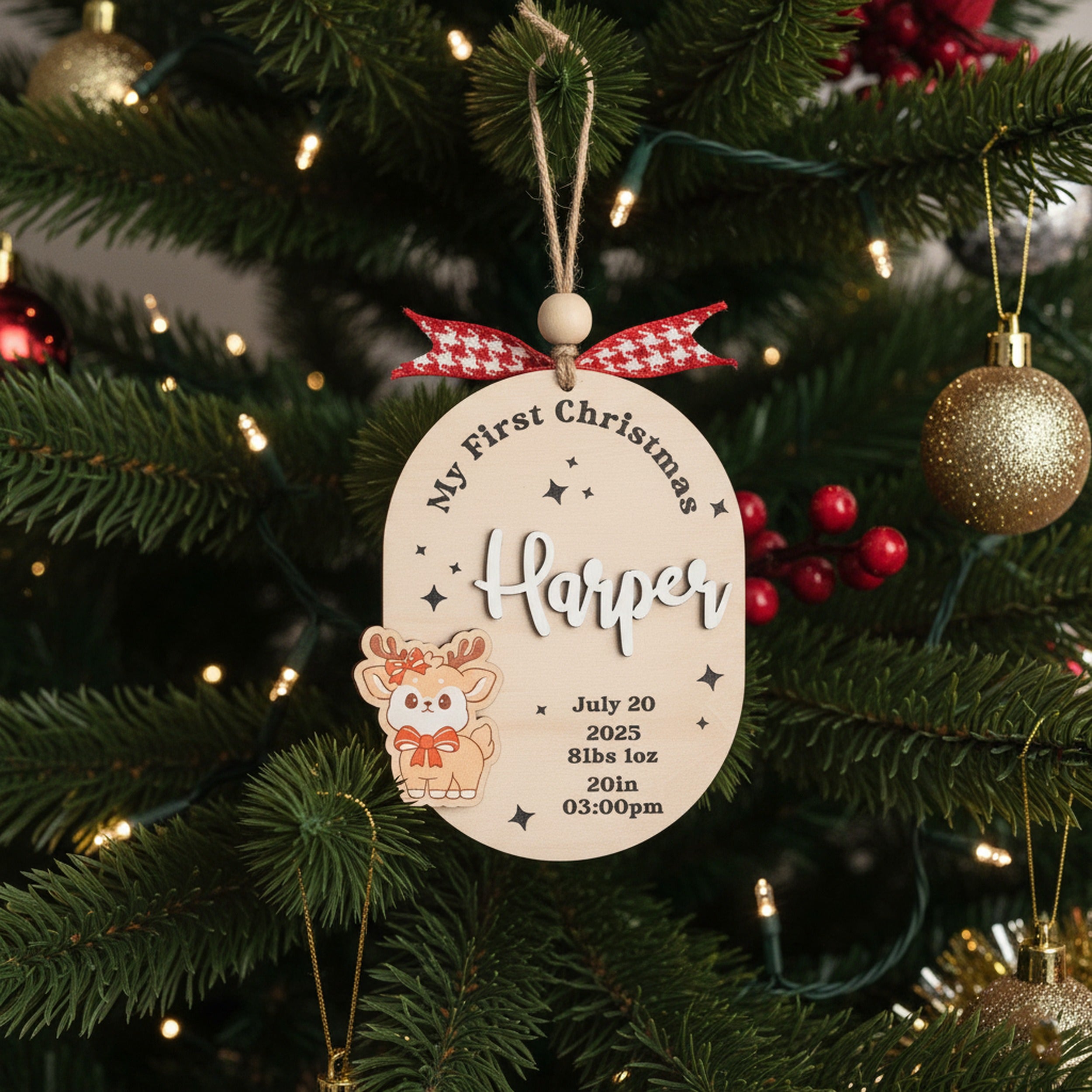 Baby First Christmas Ornament Wood Engraved Baby First Christmas Ornament for Newborn and Custom Baby Birth Ornament D39