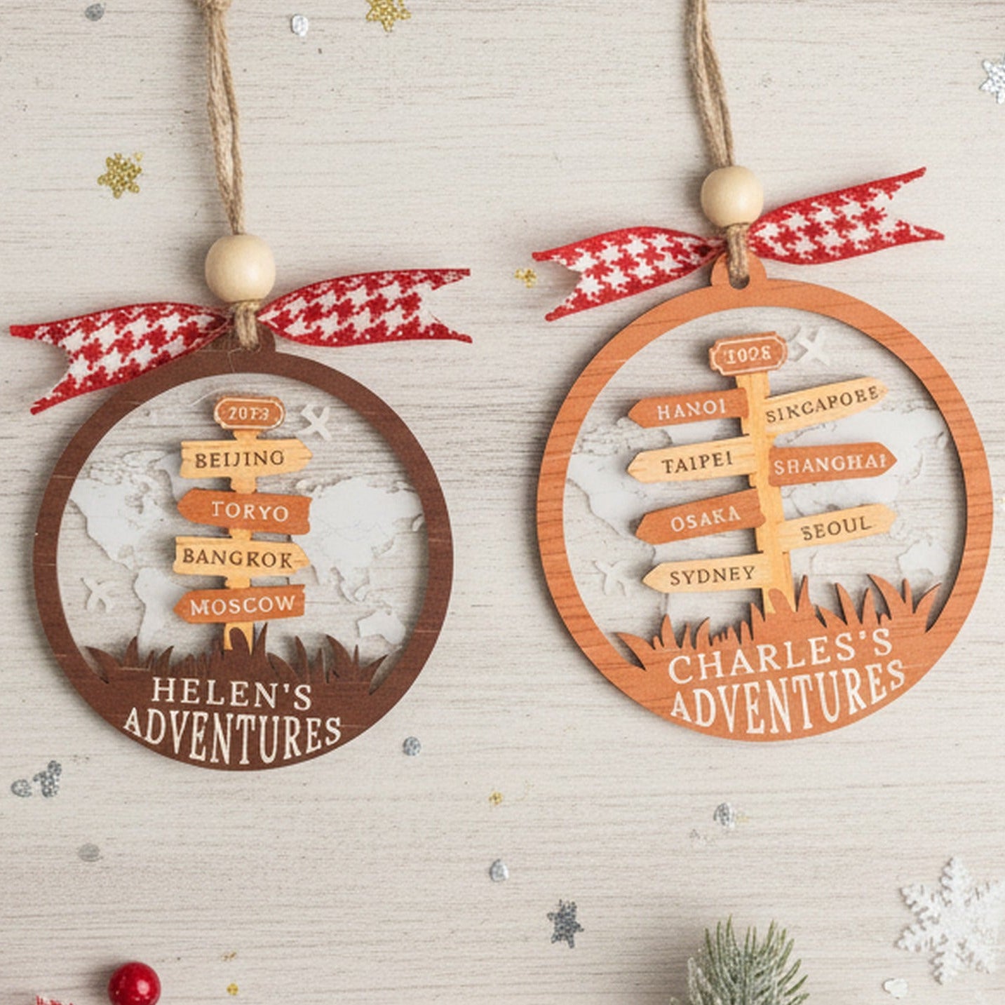 Personalized Travel Ornament Wood Acrylic for Tree Decor D41