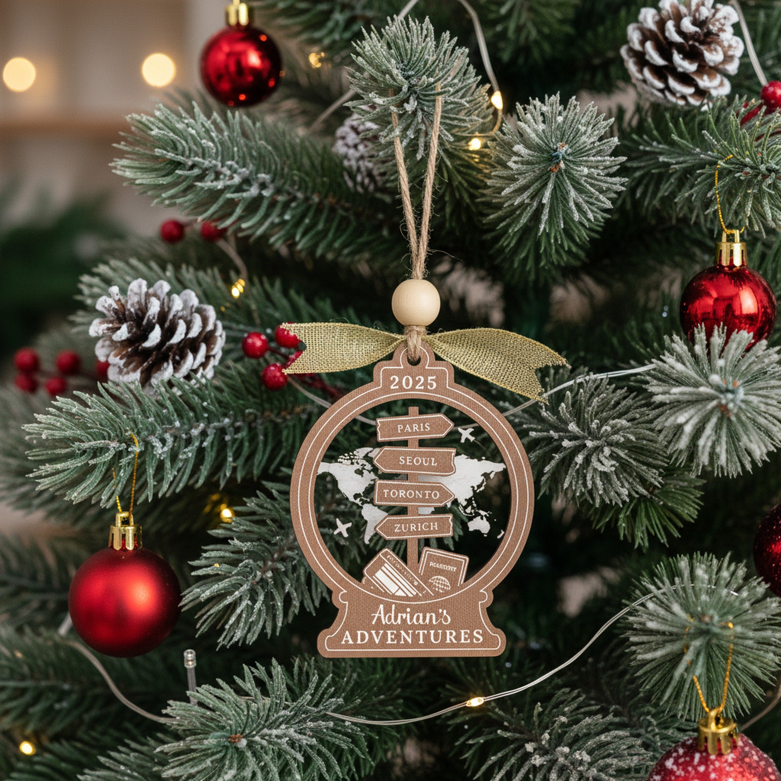 Personalized Travel Ornament Wood for Christmas Tree and Names D40