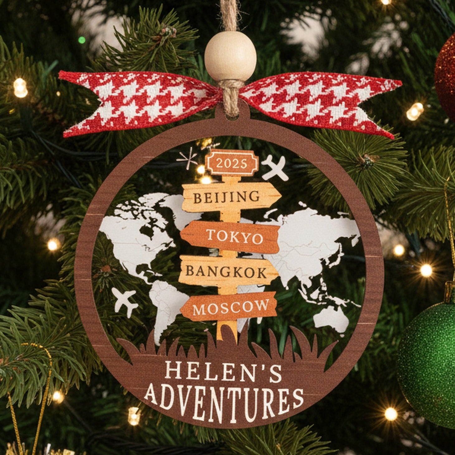Personalized Travel Ornament Wood Acrylic for Tree Decor D41