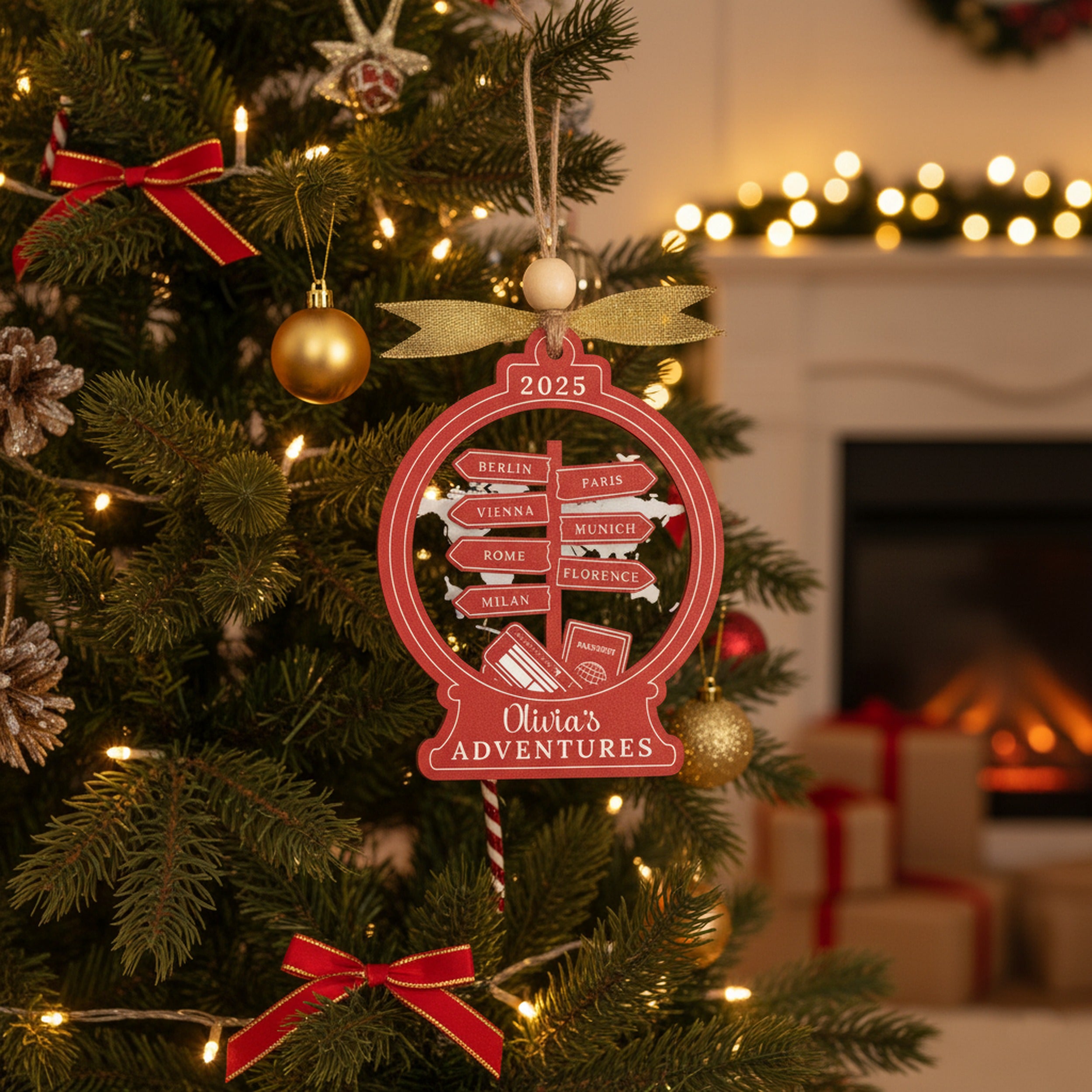 Personalized Travel Ornament Wood for Christmas Tree and Names D40