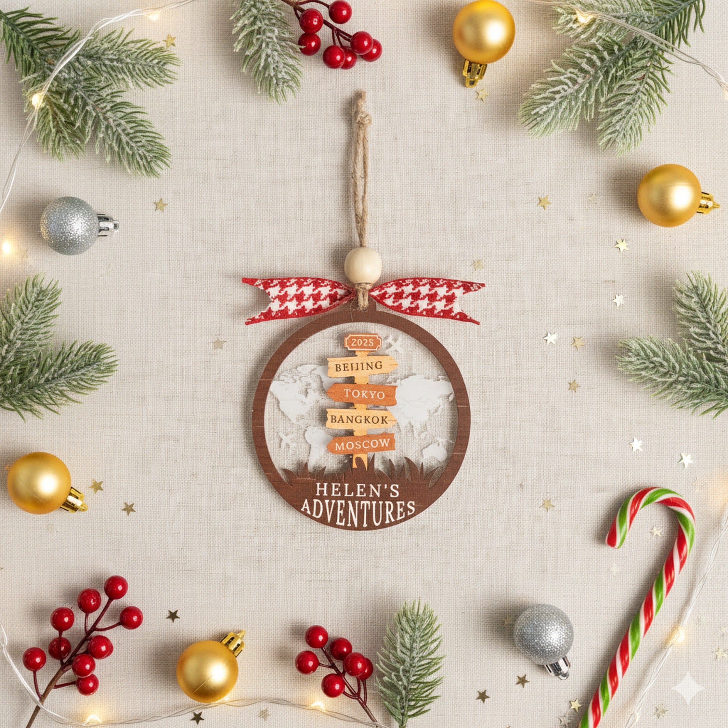 Personalized Travel Ornament Wood Acrylic for Tree Decor D41