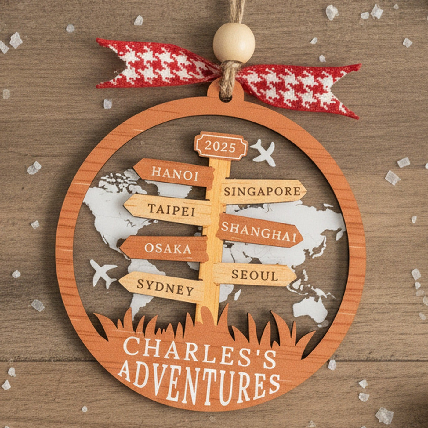 Personalized Travel Ornament Wood Acrylic for Tree Decor D41