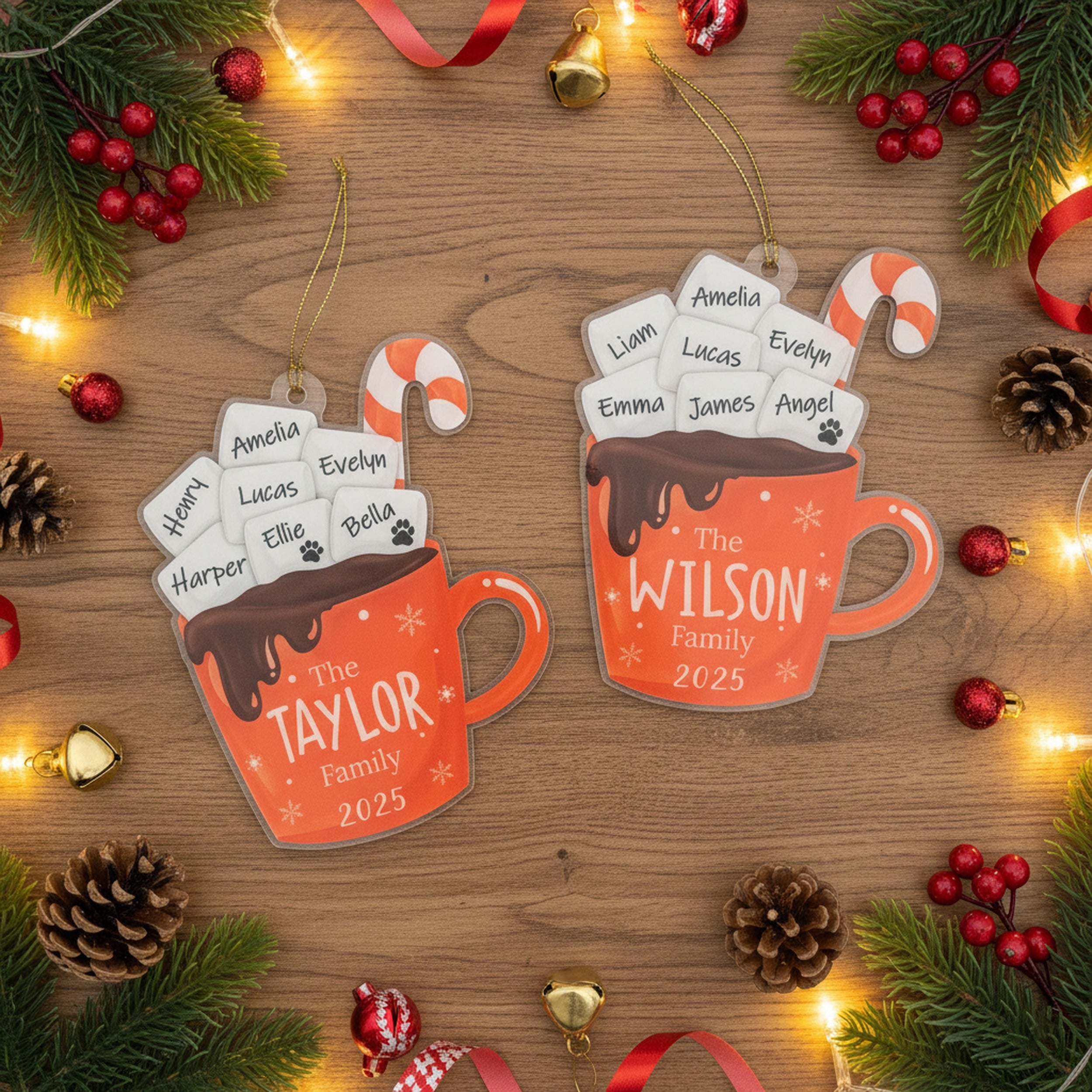 Personalized Family Hot Cocoa Ornament Acrylic Family Christmas Ornament and Custom Name Ornament D42