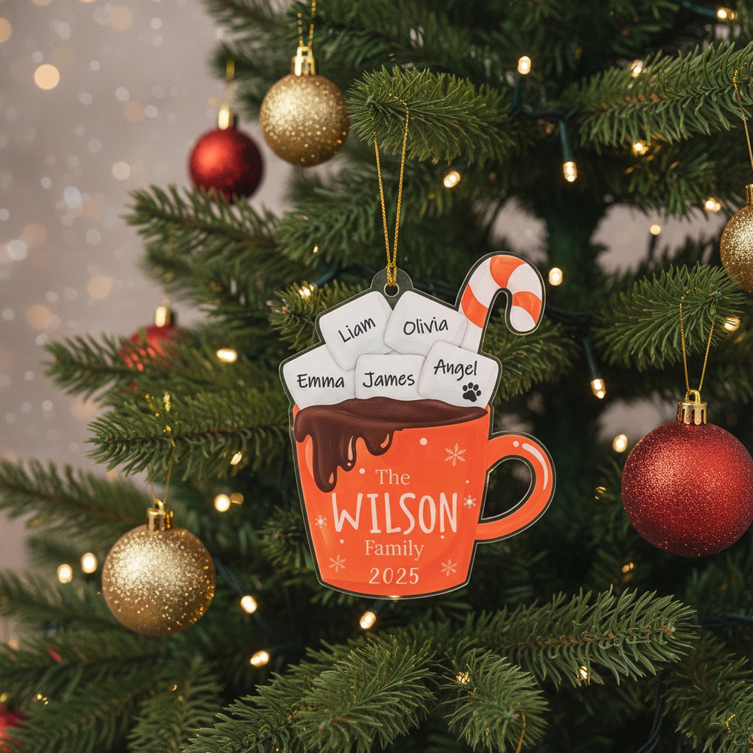Personalized Family Hot Cocoa Ornament Acrylic Family Christmas Ornament and Custom Name Ornament D42