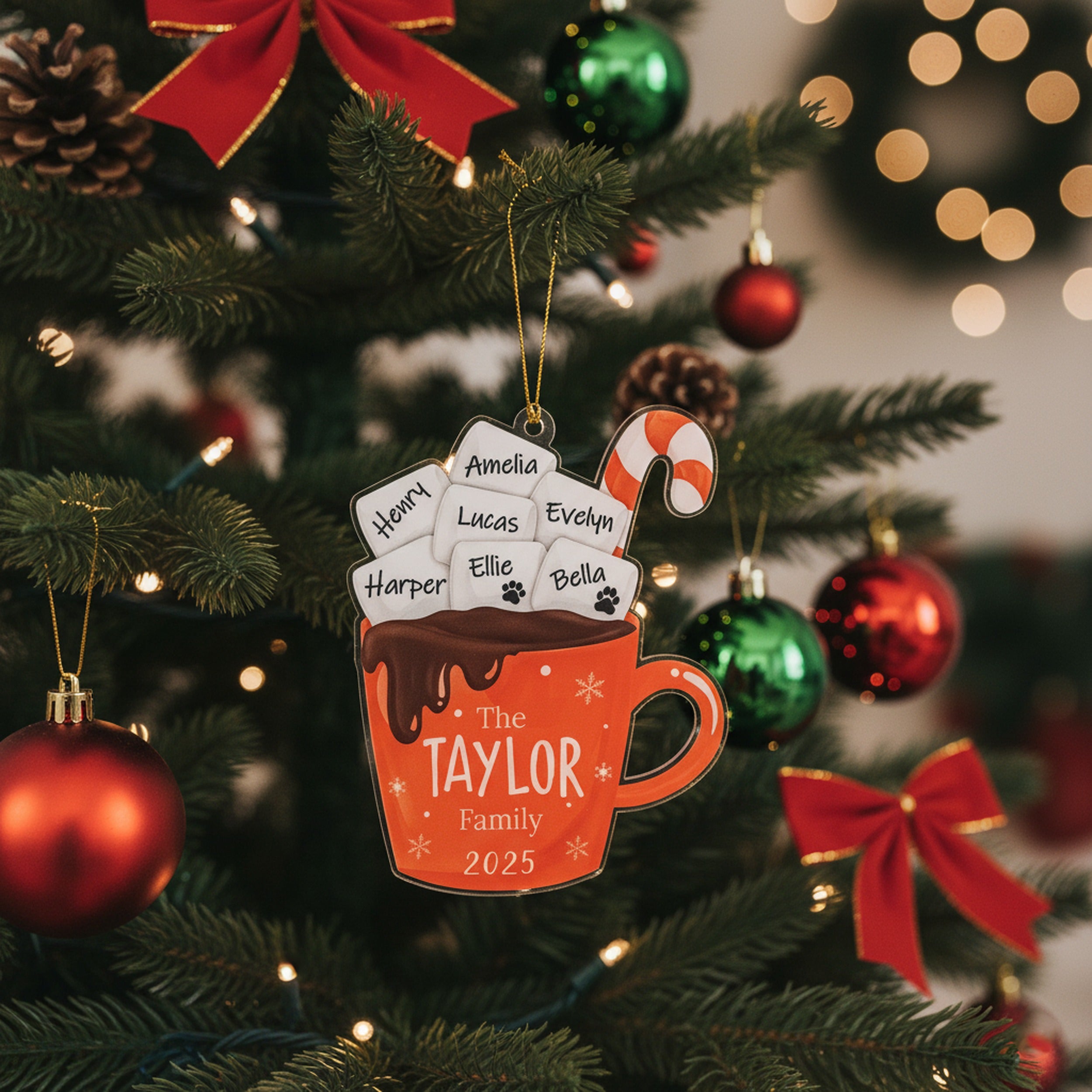 Personalized Family Hot Cocoa Ornament Acrylic Family Christmas Ornament and Custom Name Ornament D42