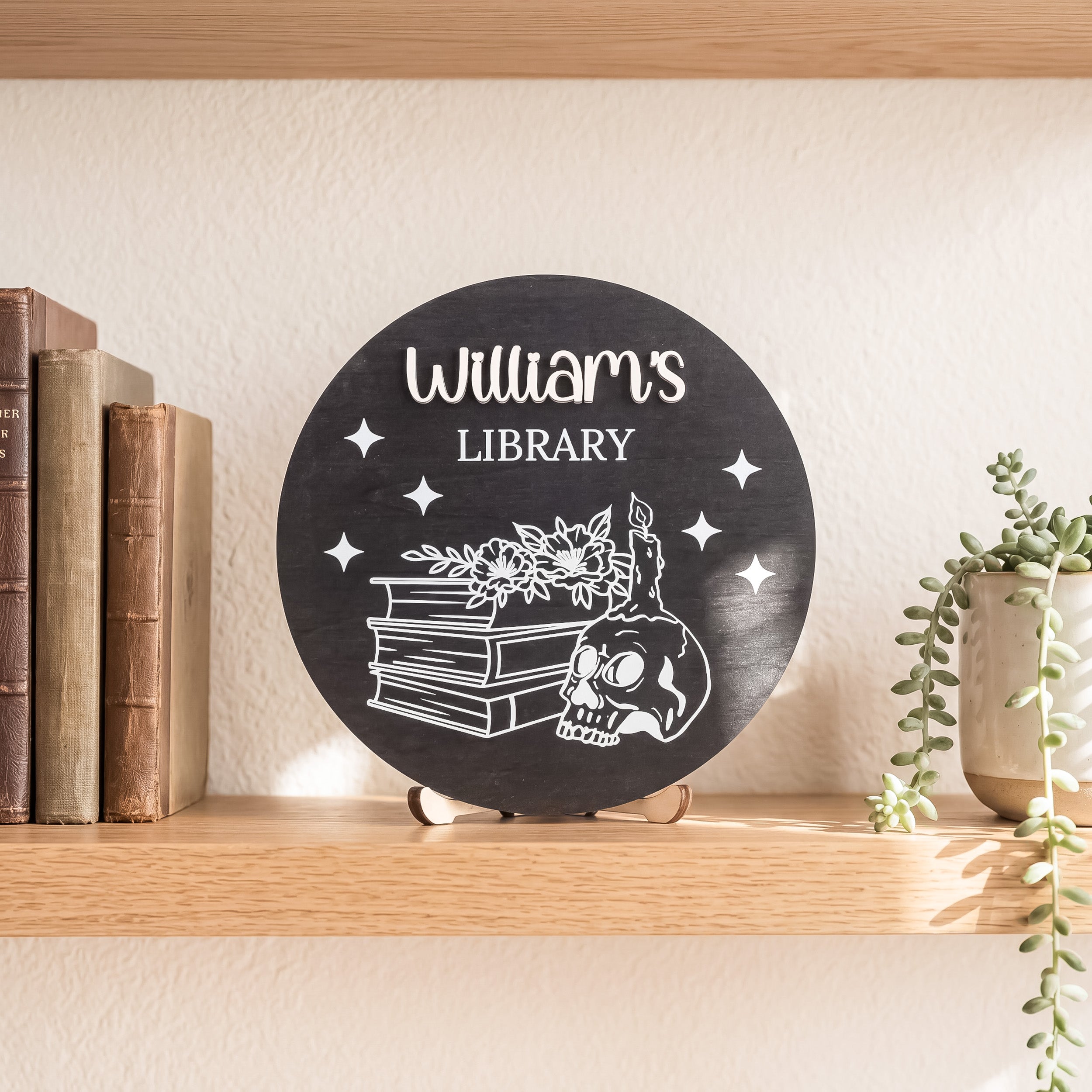 Personalized Library Name Round Wood Sign Reading Room Decor D02