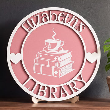 Personalized Library Name Round Wood Sign for Book Lover Decor D02