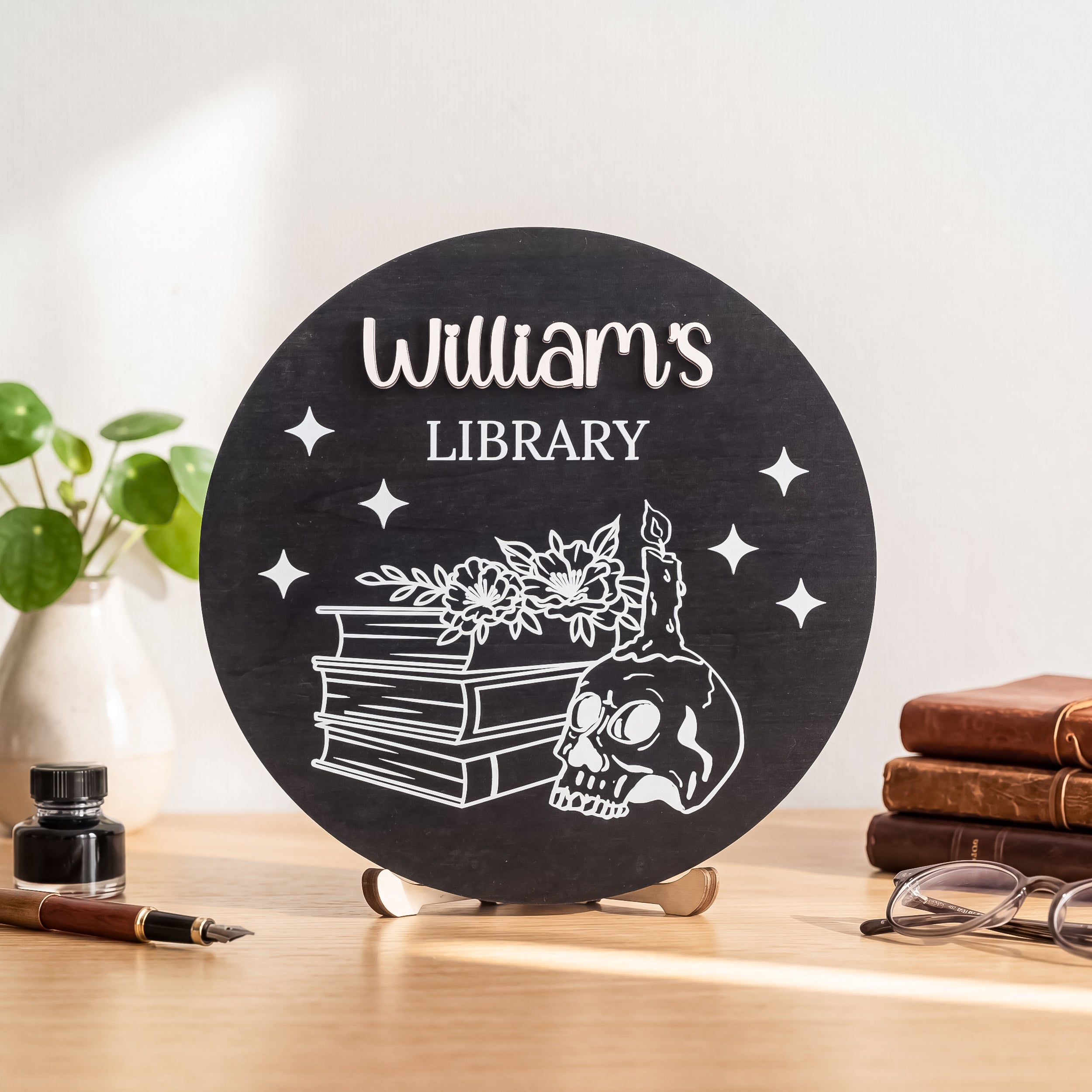 Personalized Library Name Round Wood Sign Reading Room Decor D02