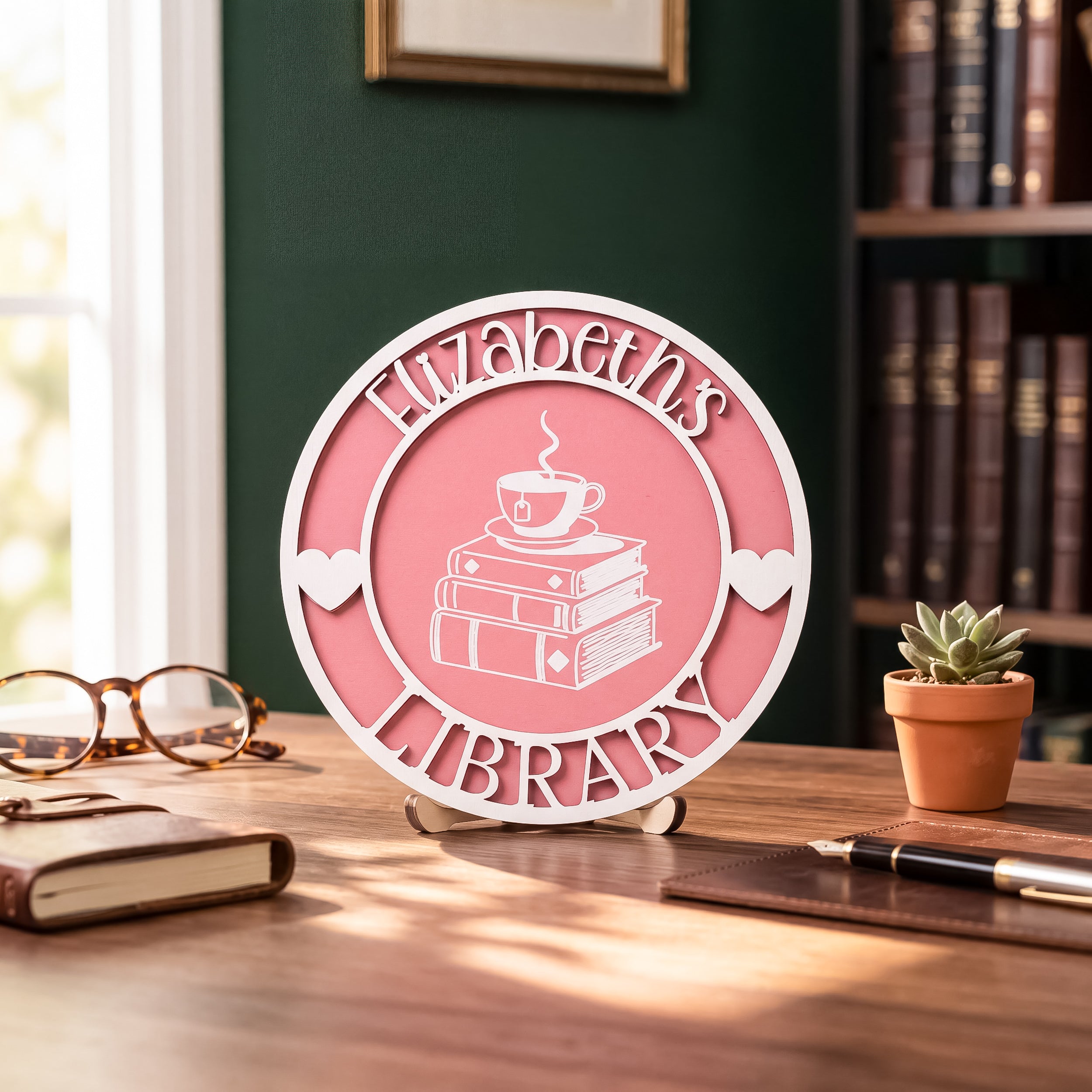 Personalized Library Name Round Wood Sign Reading Room Decor D02