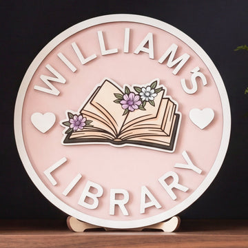 Personalized Library Name Round Wood Sign for Book Lovers B02
