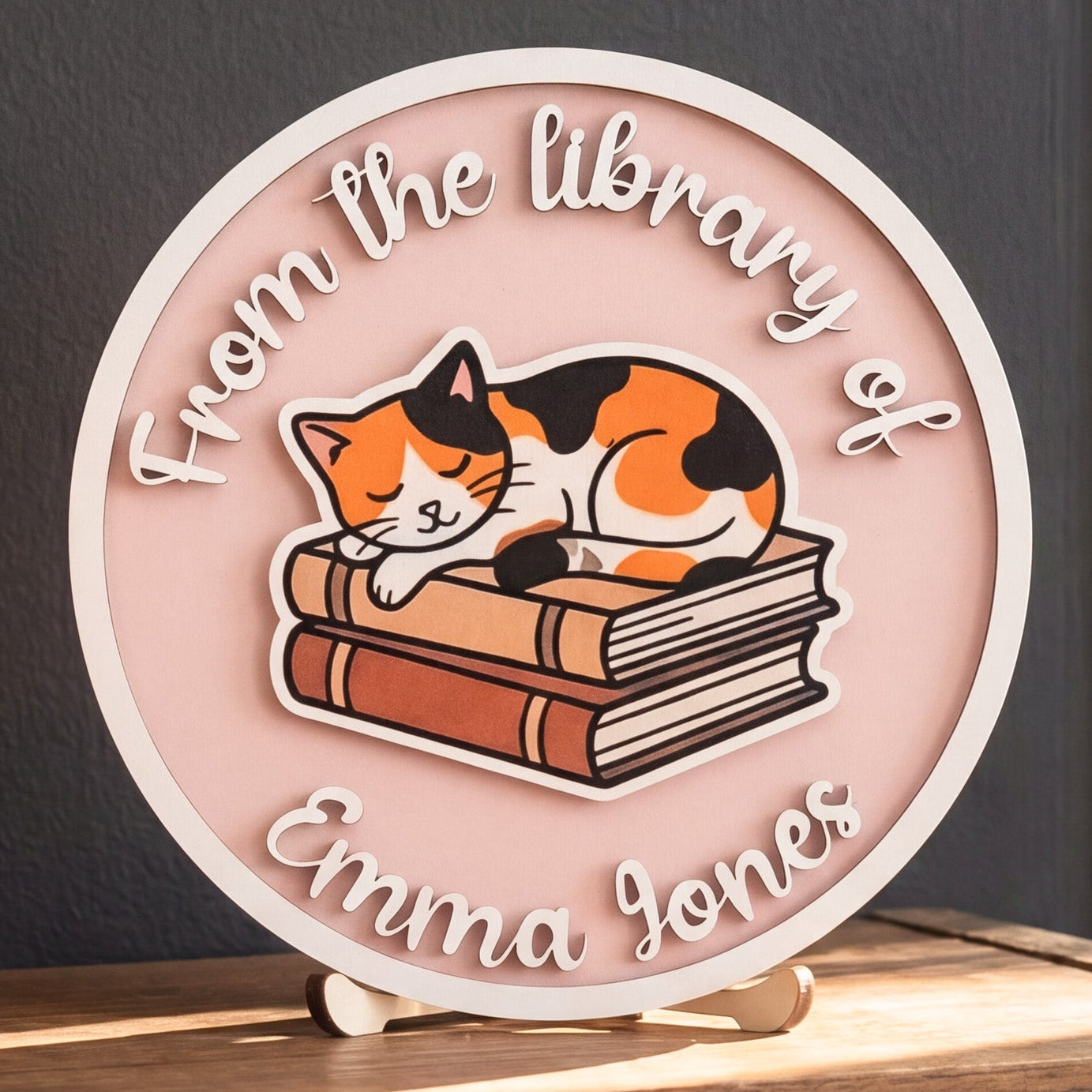 Personalized Library Name Round Wood Sign for Book Lovers B02
