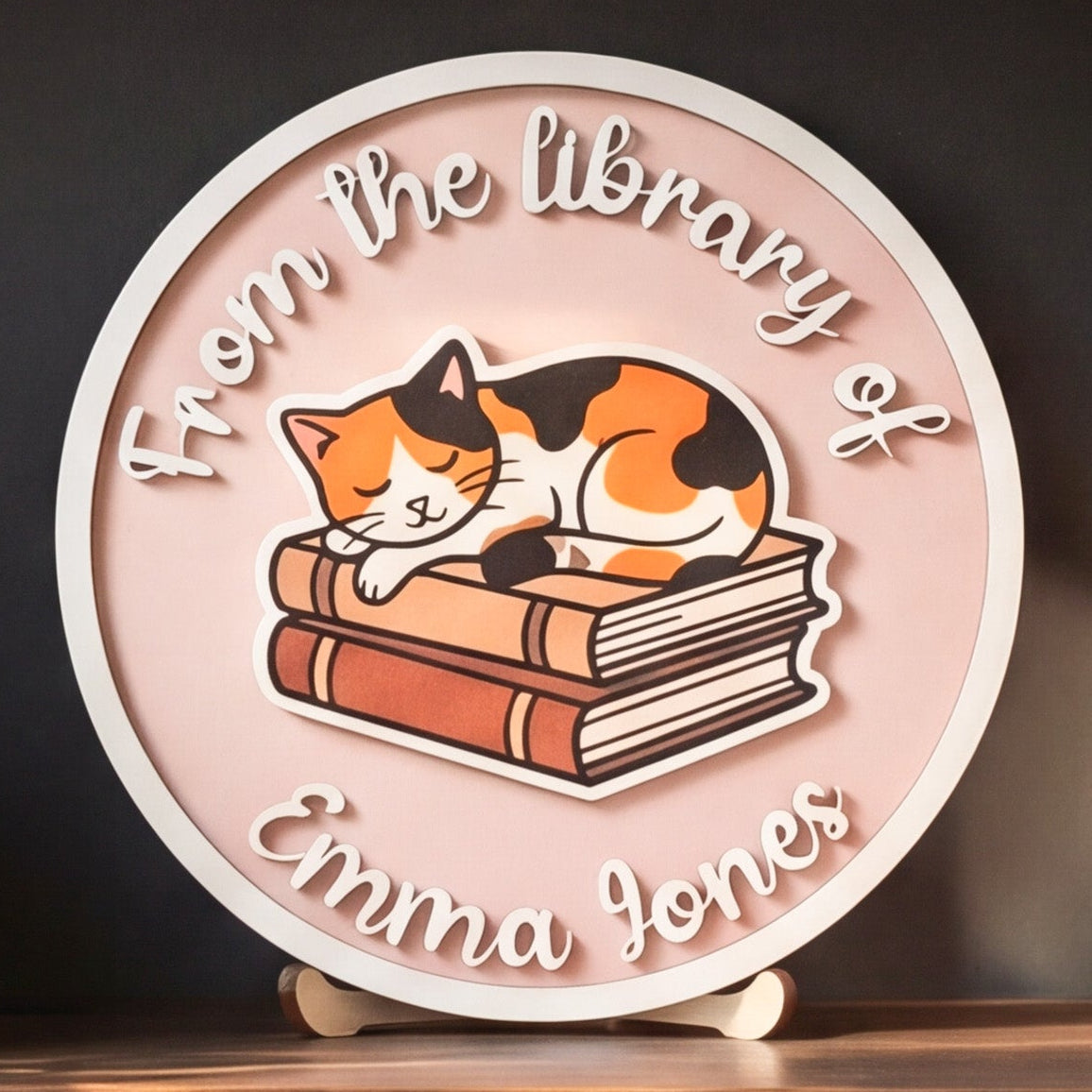 Personalized Library Name Round Wood Sign for Book Lovers B02