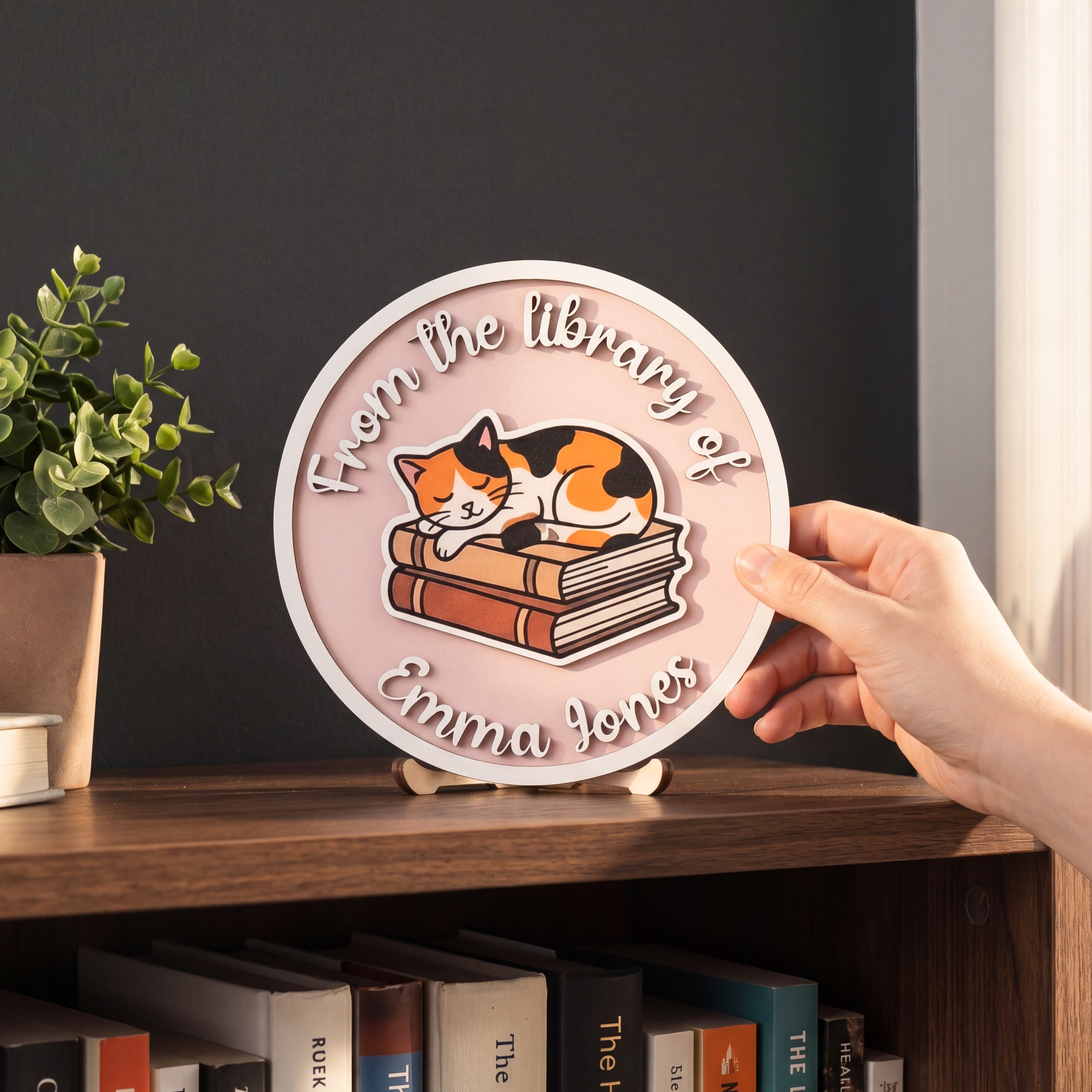 Personalized Library Name Round Wood Sign for Book Lovers B02