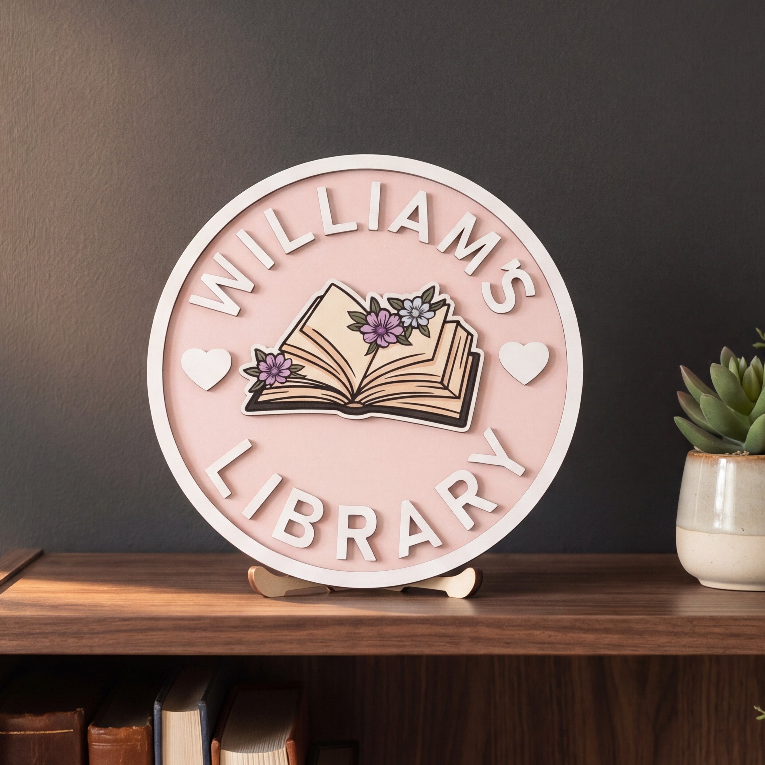 Personalized Library Name Round Wood Sign for Book Lovers B02