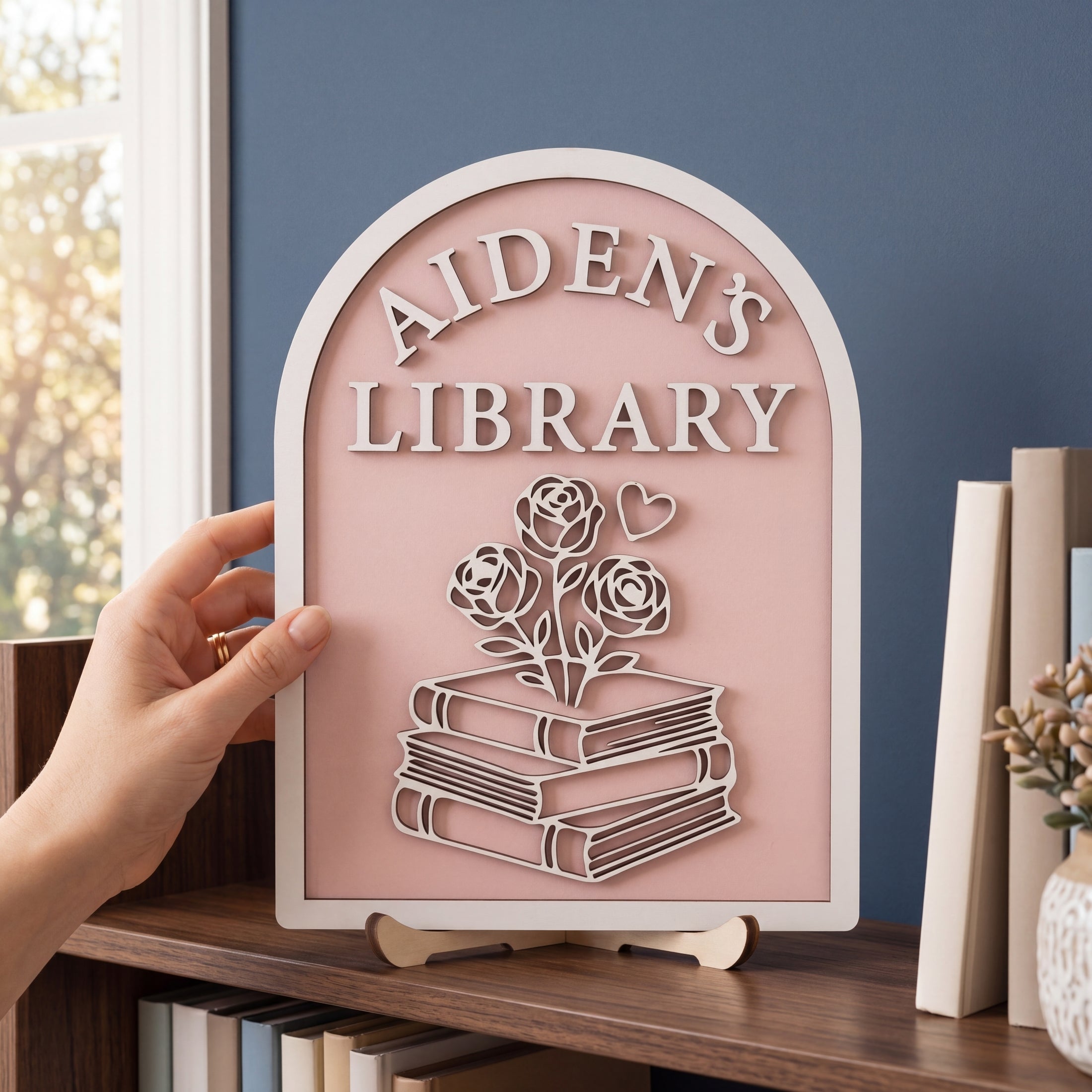 Personalized Library Name Wood Sign Bookshelf Decor Gift B01