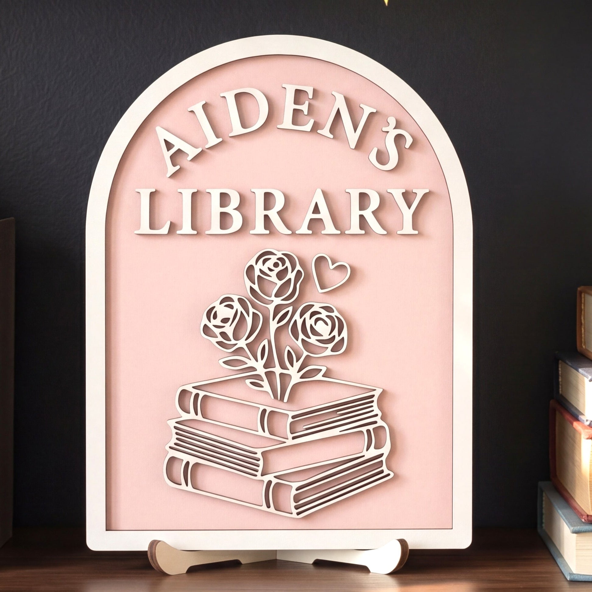 Personalized Library Name Wood Sign Bookshelf Decor Gift B01