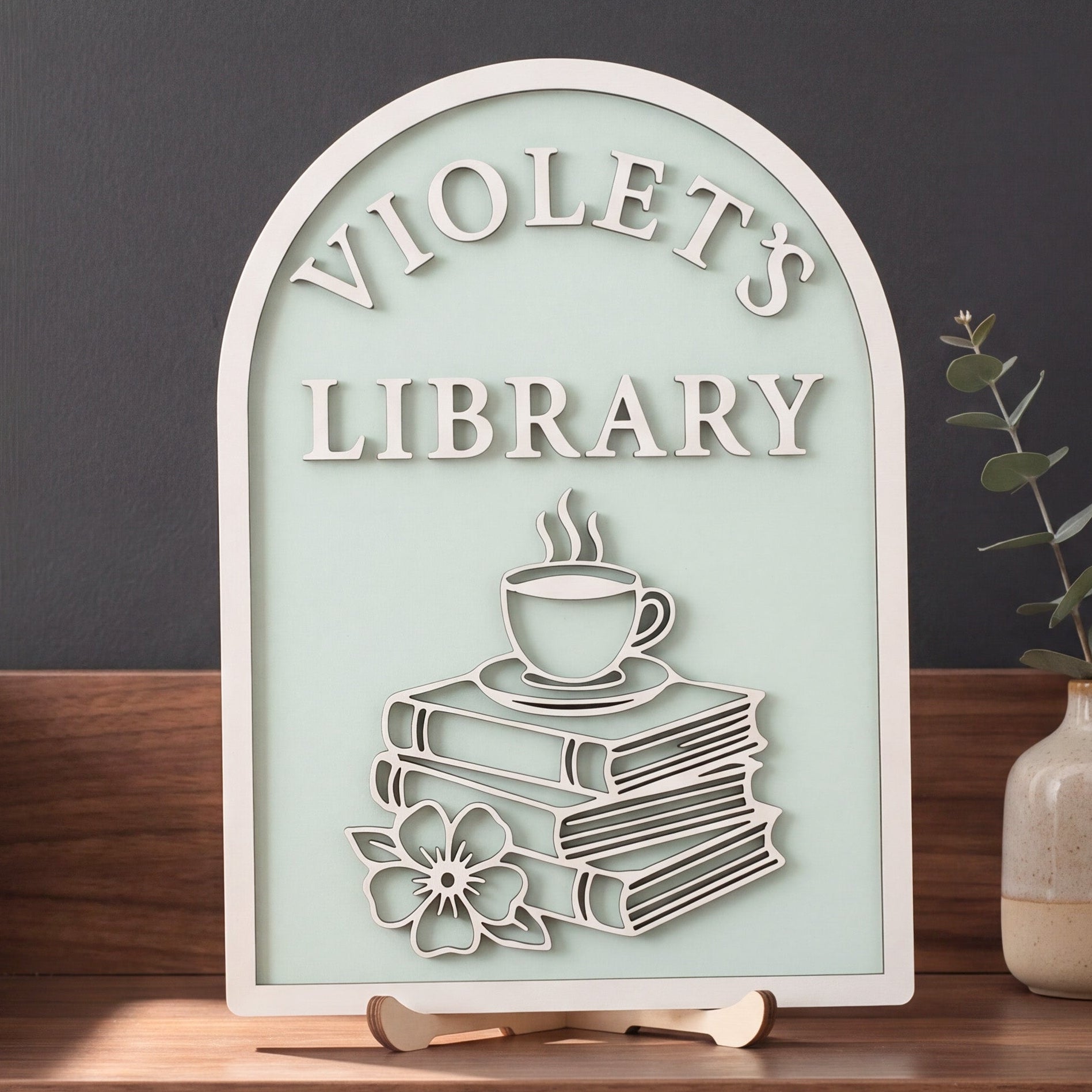 Personalized Library Name Wood Sign Bookshelf Decor Gift B01