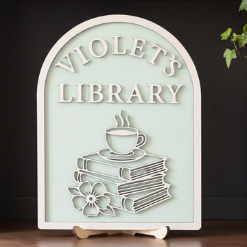Personalized Library Name Wood Sign Bookshelf Decor Gift B01